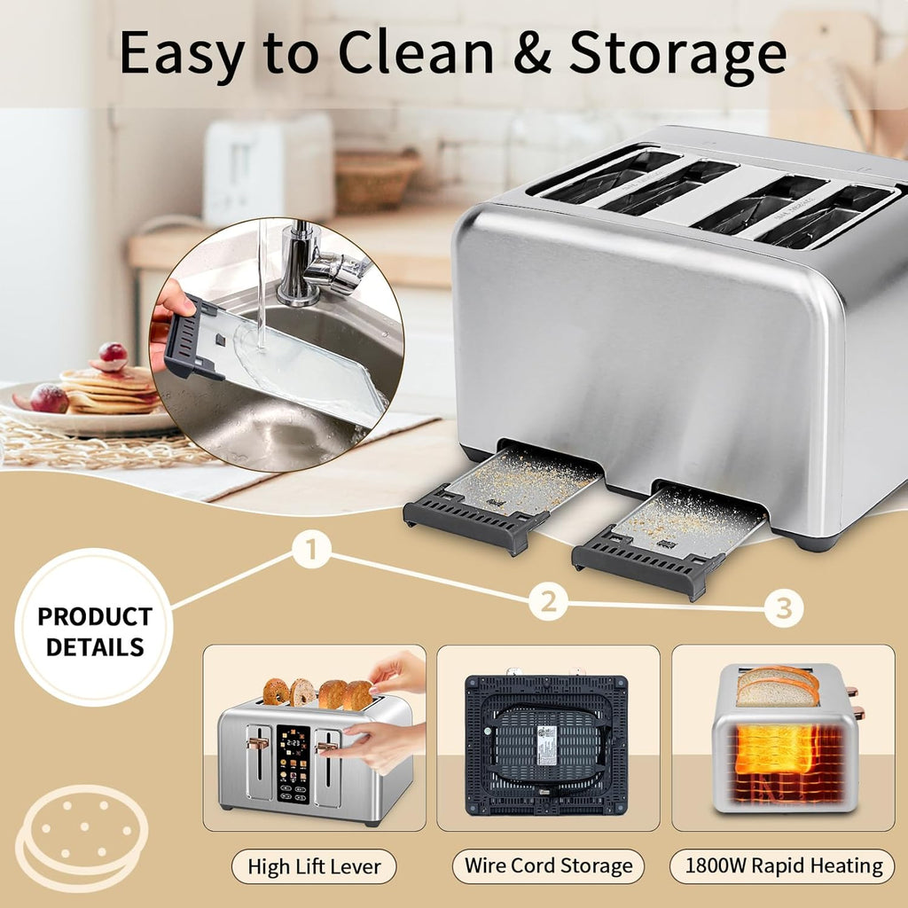 SEEDEEM 4 Slice Touch Screen Toaster LCD Display 7 Shade Settings Wide Slots 1800W