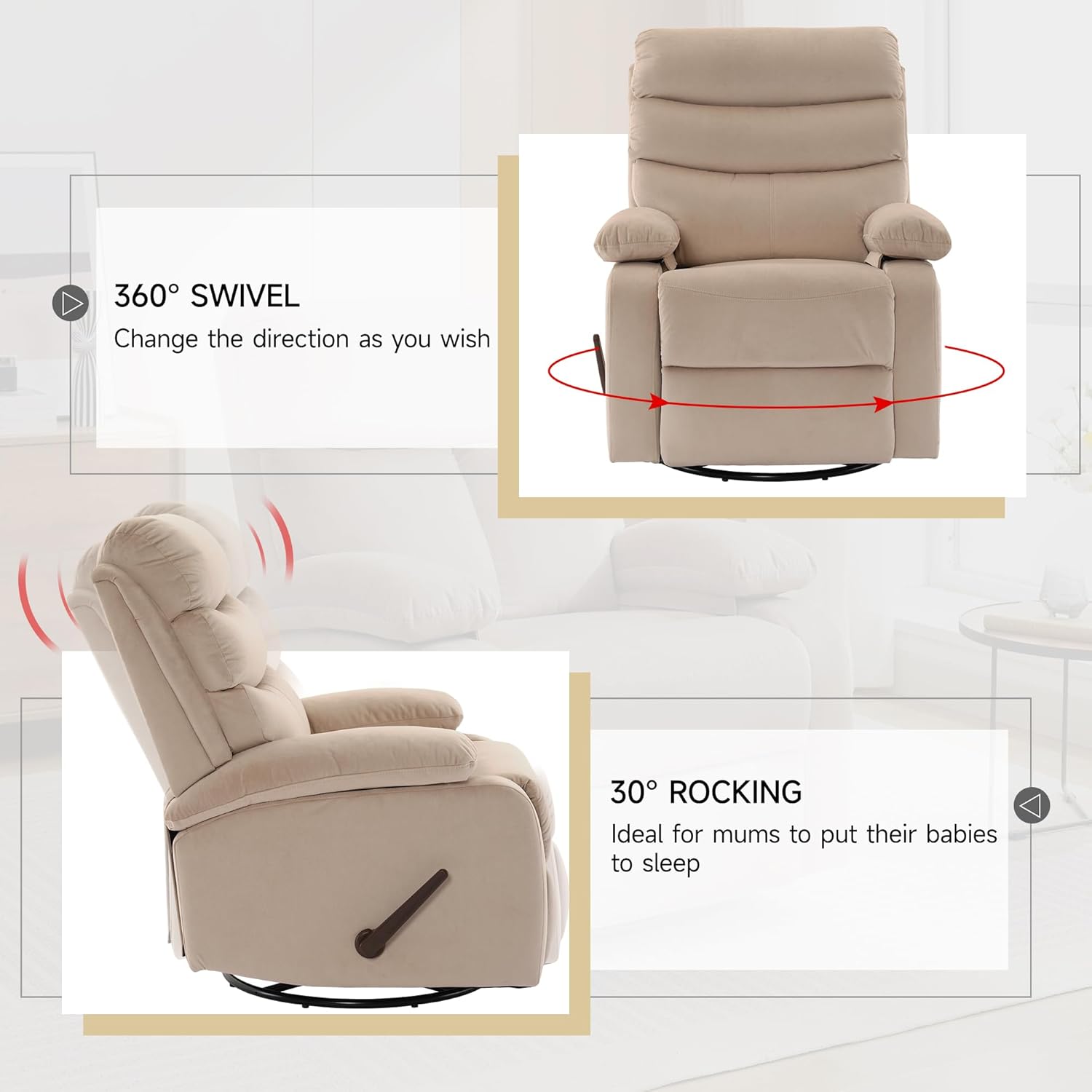 GNMLP2020 Swivel Rocker Recliner Chair Manual Small Space Nursery Living Room
