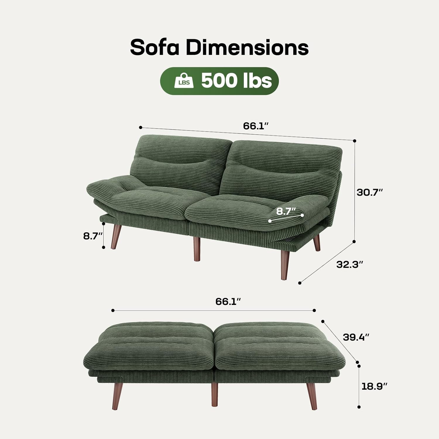 Marsail Futon Sofa Bed Convertible Corduroy Loveseat with Adjustable Backrest