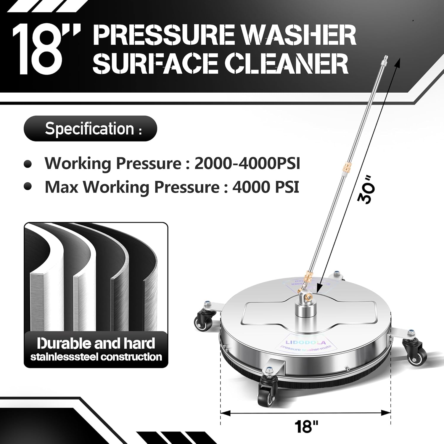 LidoDola 14 Inch Pressure Washer Surface Cleaner with Wheels for Concrete Patio Deck