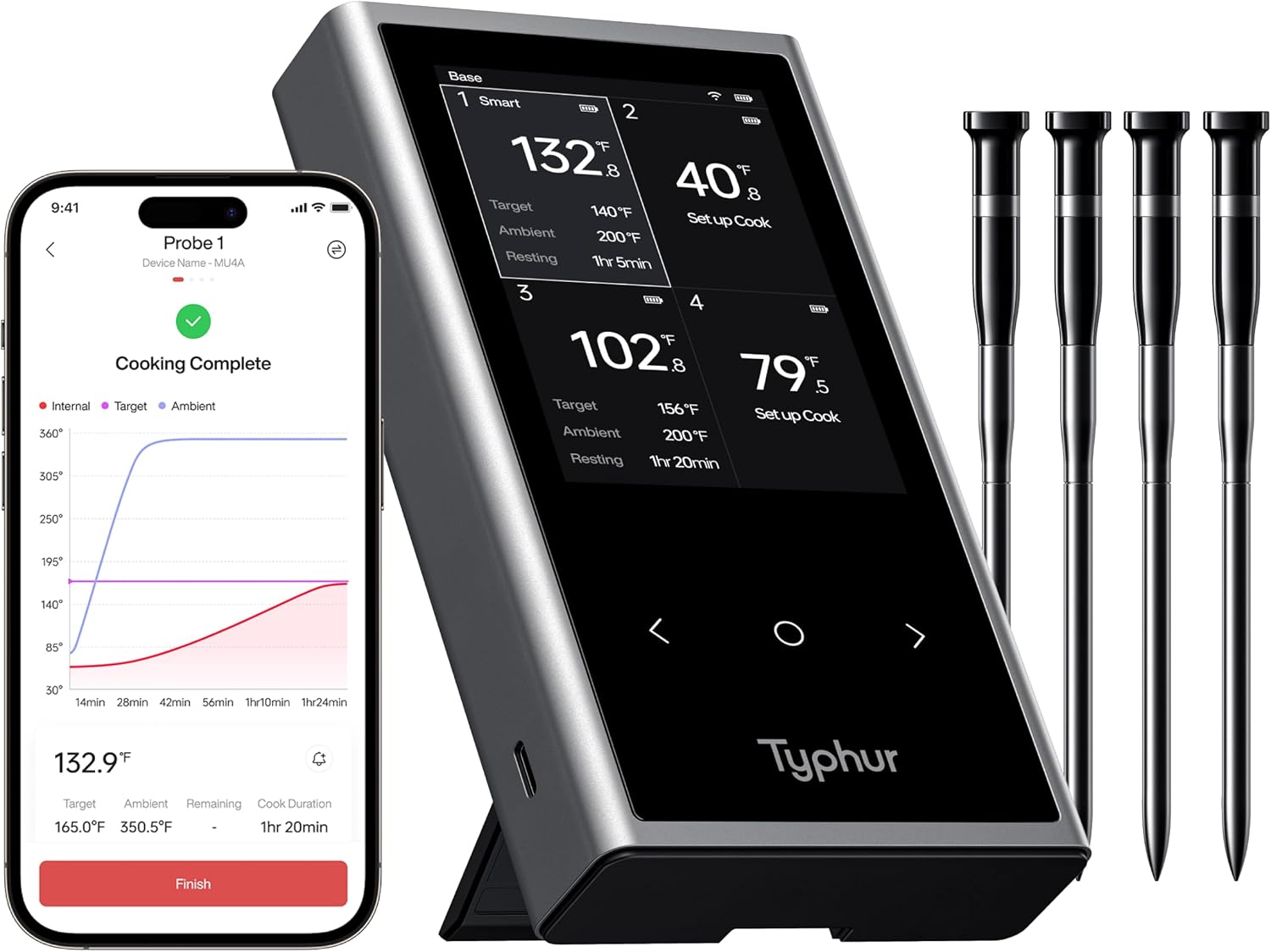 Typhur WiFi Wireless Meat Thermometer Digital with 2 Probes LCD Display for BBQ Grill Oven