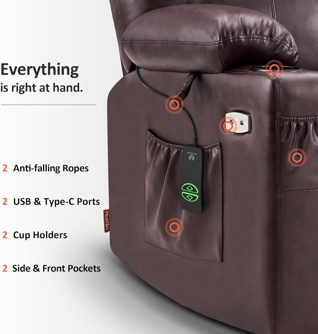 MCombo Electric Power Lift Recliner Massage Heat Chair for Elderly 3 Positions 2 Pockets USB