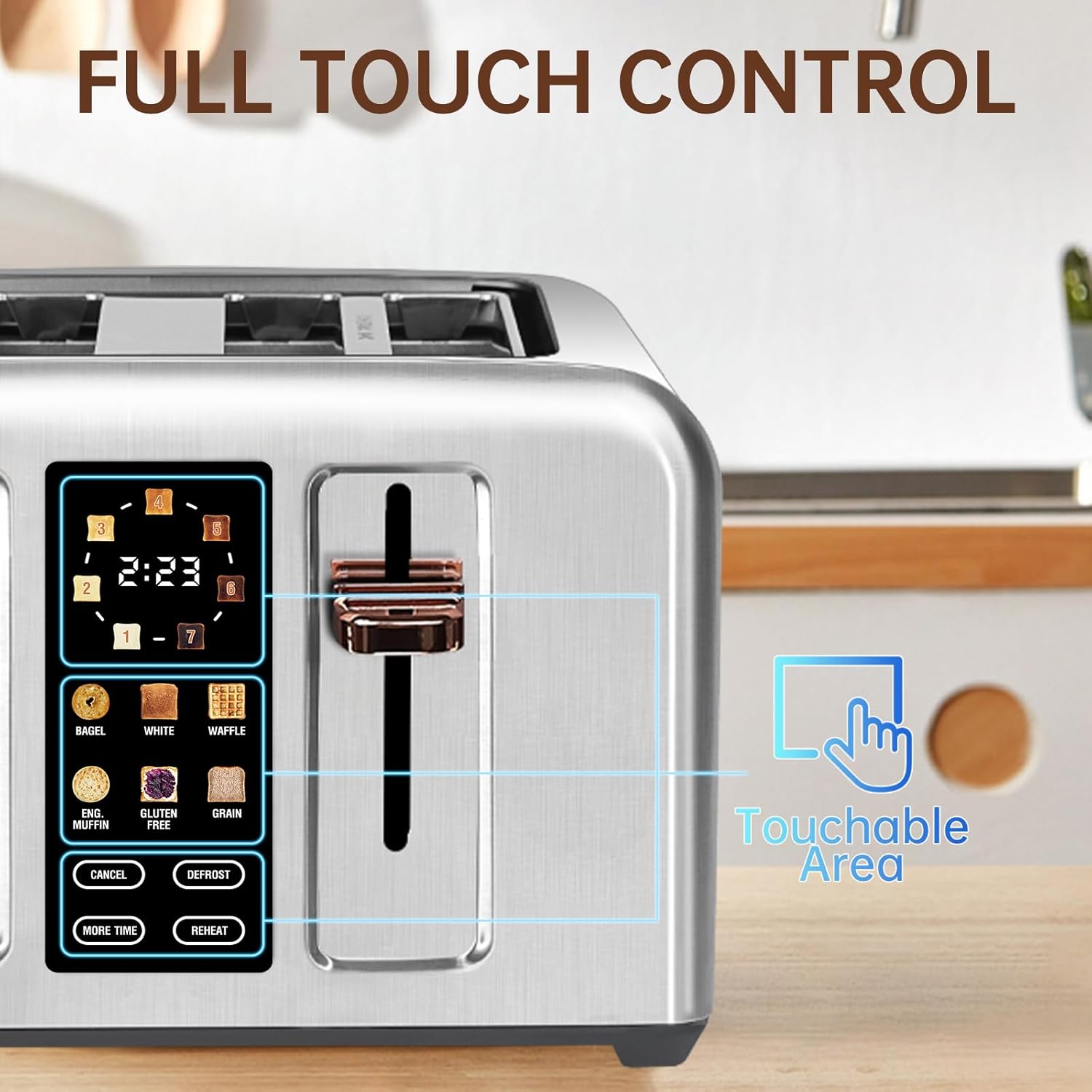 SEEDEEM 4 Slice Touch Screen Toaster LCD Display 7 Shade Settings Wide Slots 1800W
