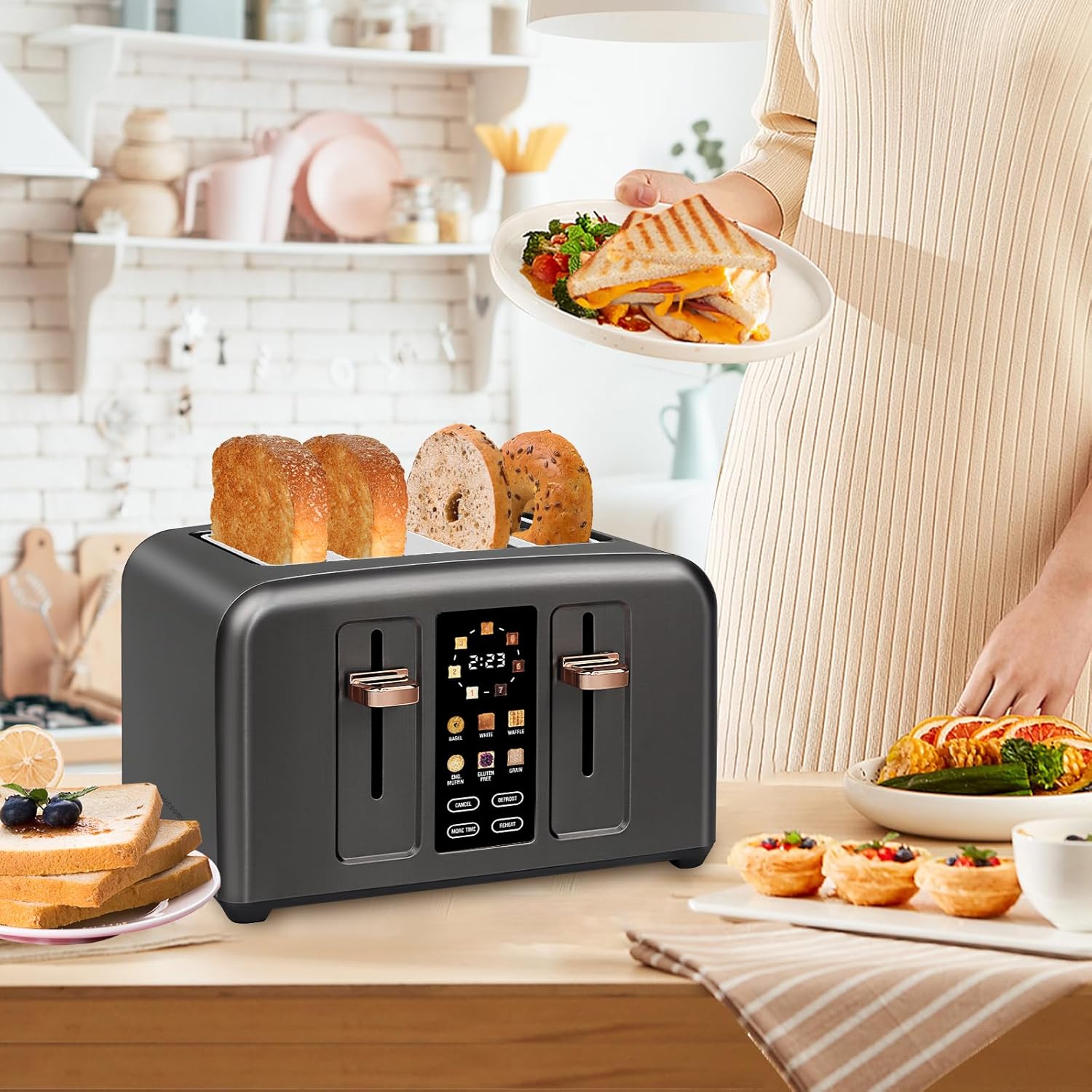 SEEDEEM 4 Slice Touch Screen Toaster LCD Display 7 Shade Settings Wide Slots 1800W