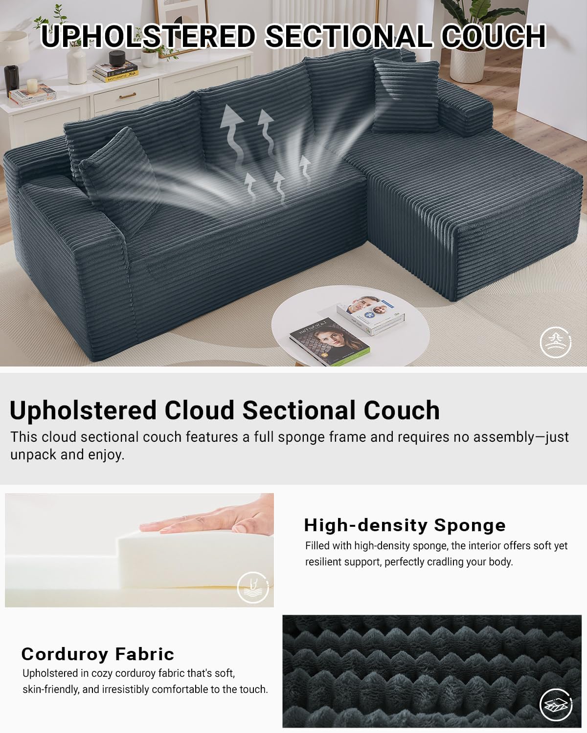 HANXIN Cloud Sectional Sofa L Shape Chaise Deep Seat Modular Living Room Couch