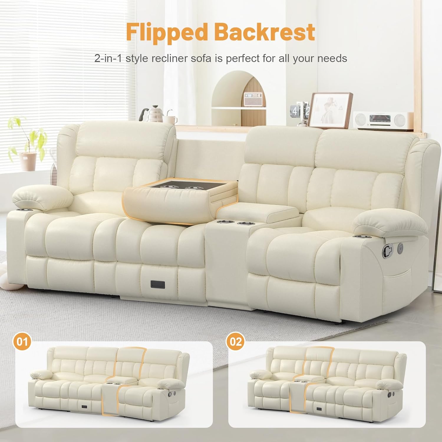 Dresegmt Loveseat Recliner Sofa 3 Seat Flip Backrest with Storage USB Cup Holders