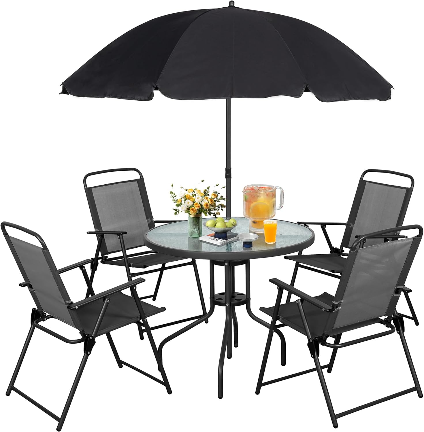 Vongrasig 6 Piece Folding Patio Dining Set Outdoor Table with 4 Chairs Umbrella