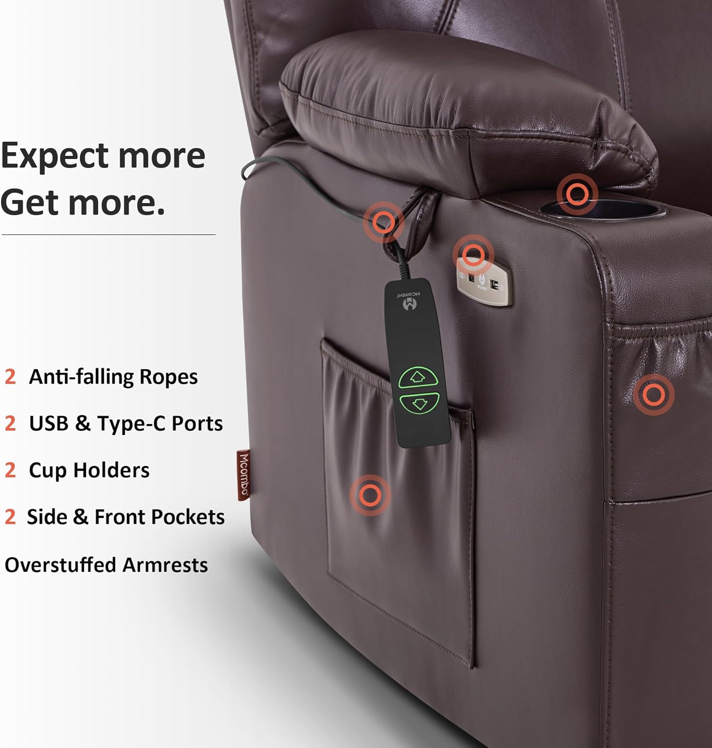 MCombo Electric Power Lift Recliner Massage Heat Chair for Elderly 3 Positions 2 Pockets USB