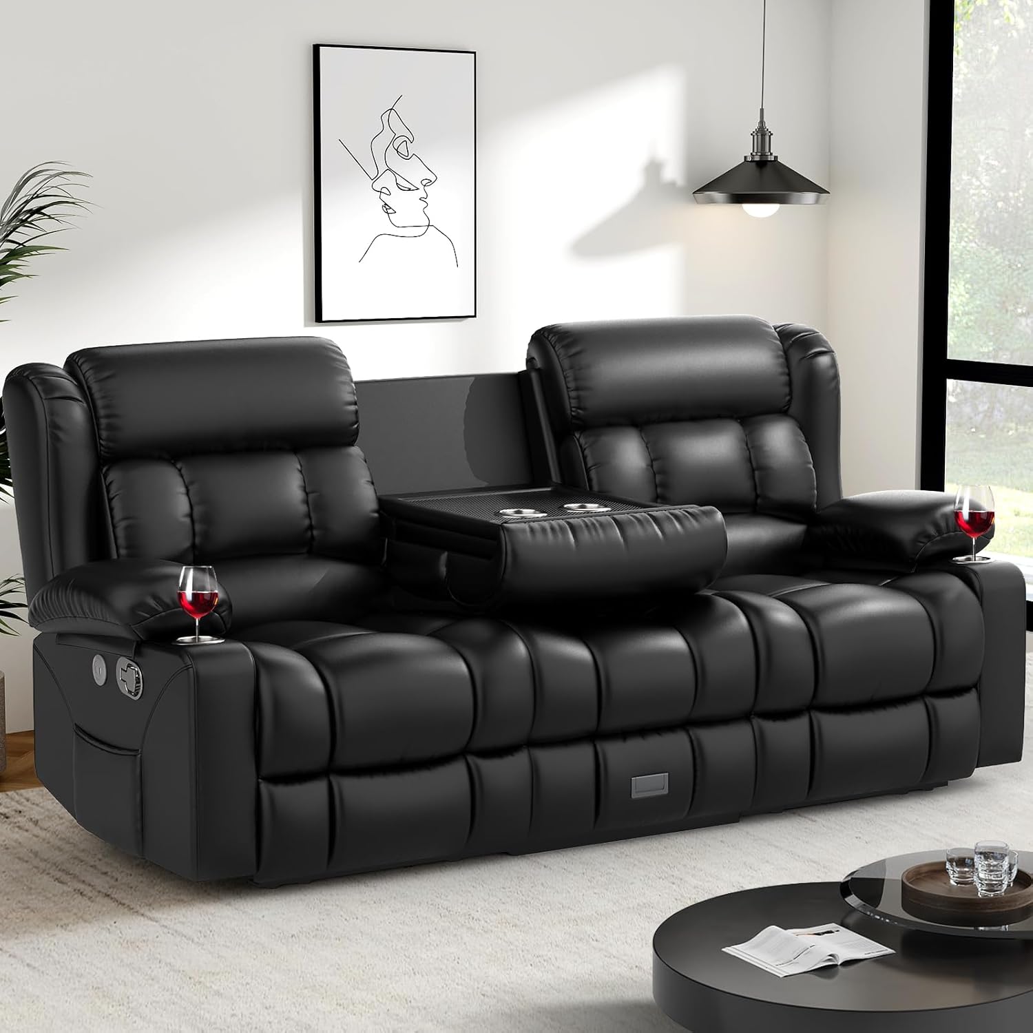 Dresegmt Loveseat Recliner Sofa 3 Seat Flip Backrest with Storage USB Cup Holders