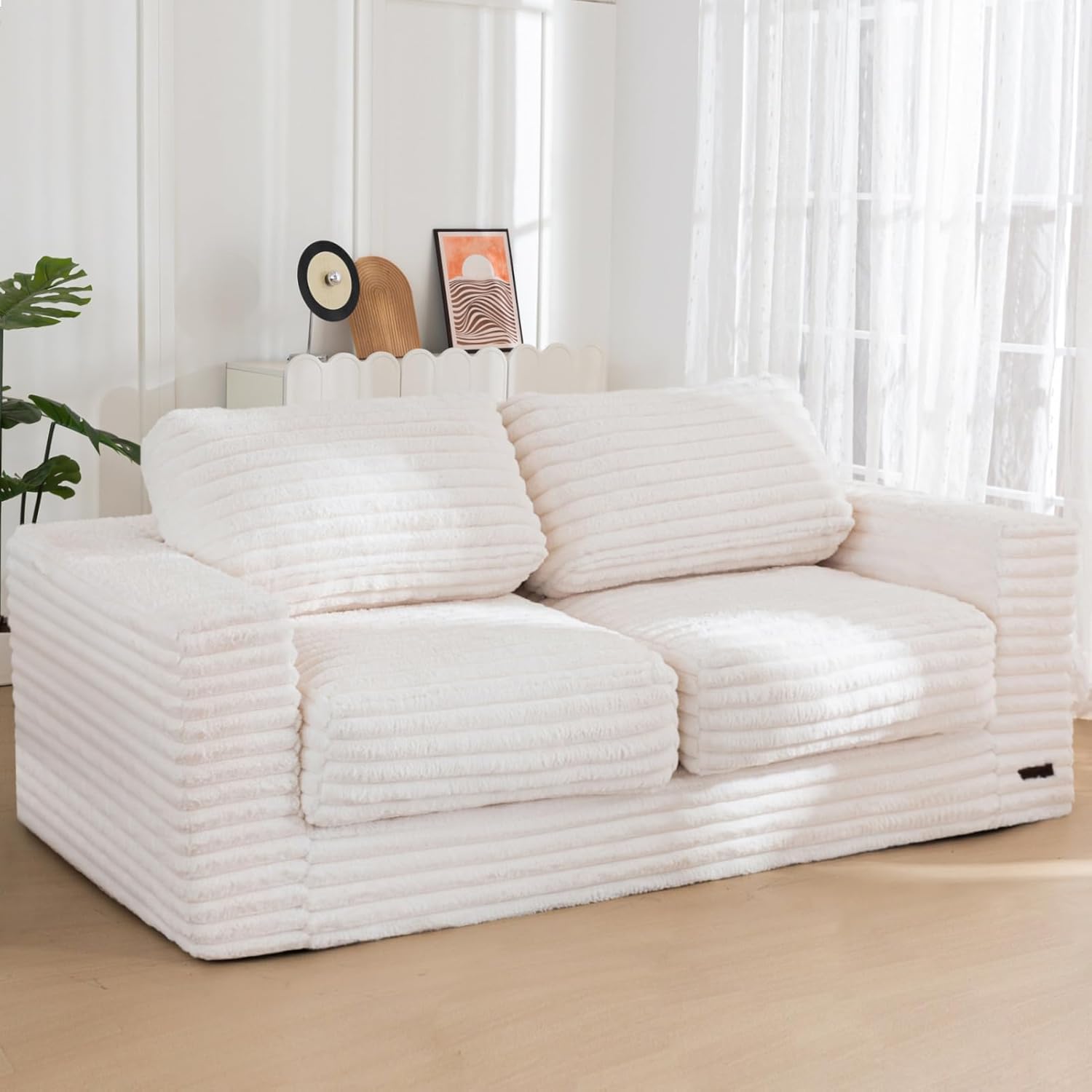 MAXYOYO Bean Bag Sofa with Armrests and Pillows Two Seat Fluffy Floor Couch
