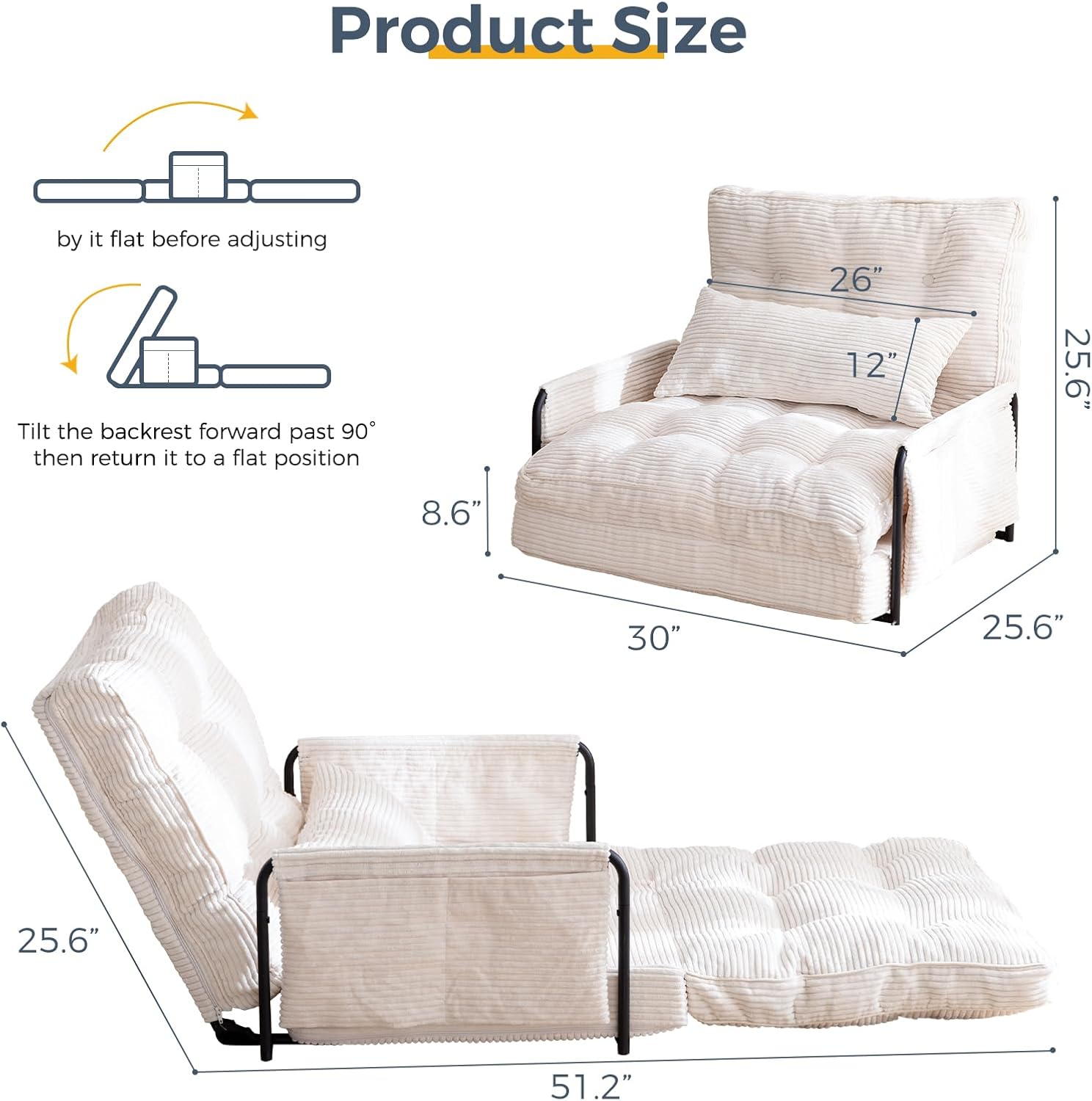 MAXYOYO Adjustable Floor Sofa Bed with Armrest Double Black Foldable Sleeper