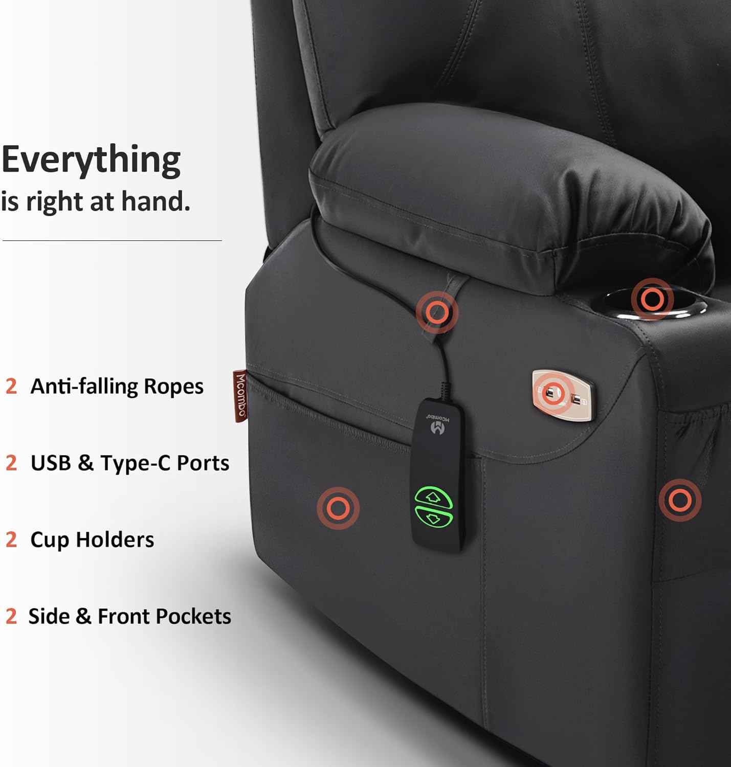 MCombo Electric Power Lift Recliner Massage Heat Chair for Elderly 3 Positions 2 Pockets USB