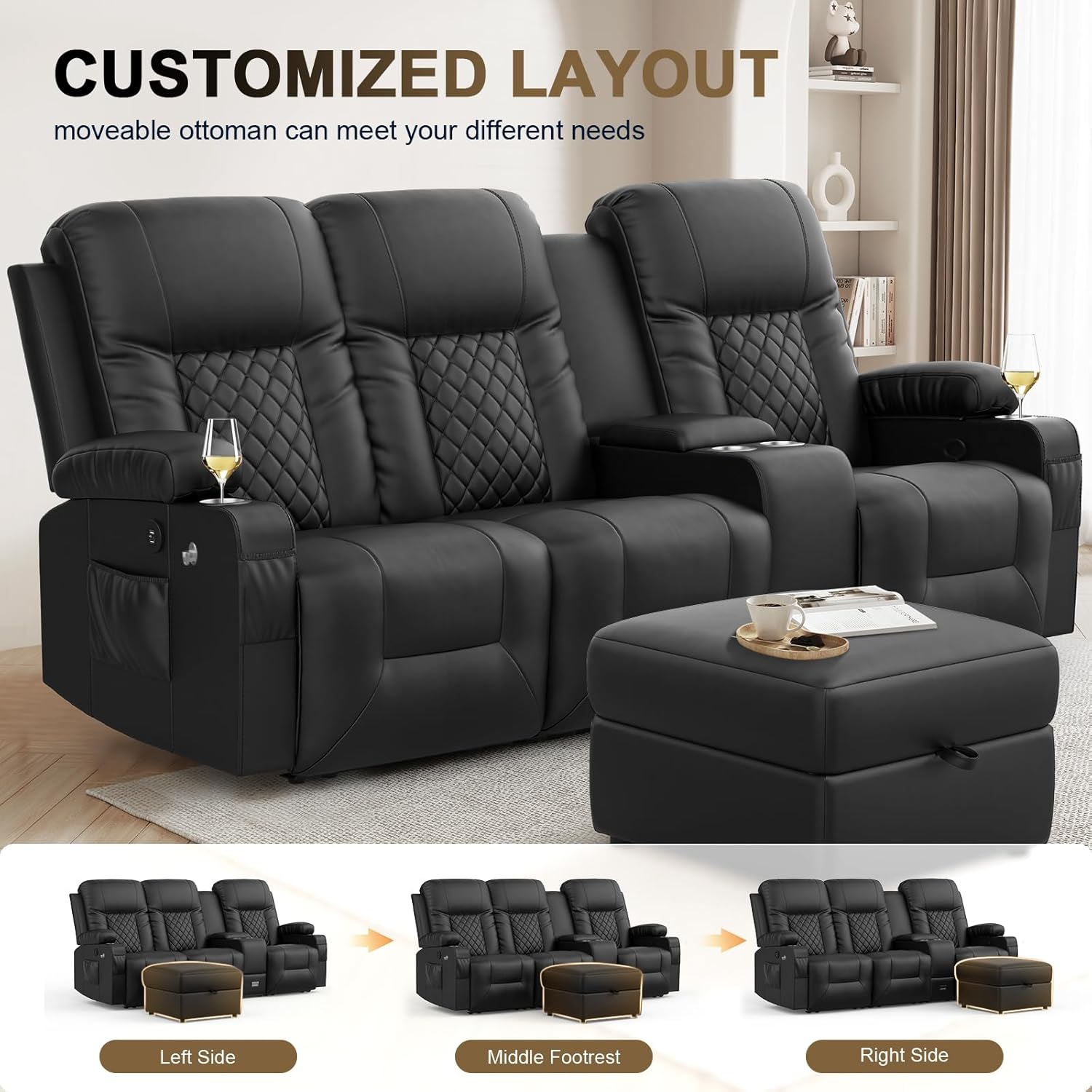 YONISEE 3 Seat Recliner Sofa Large Manual Reclining Couch with Storage Console