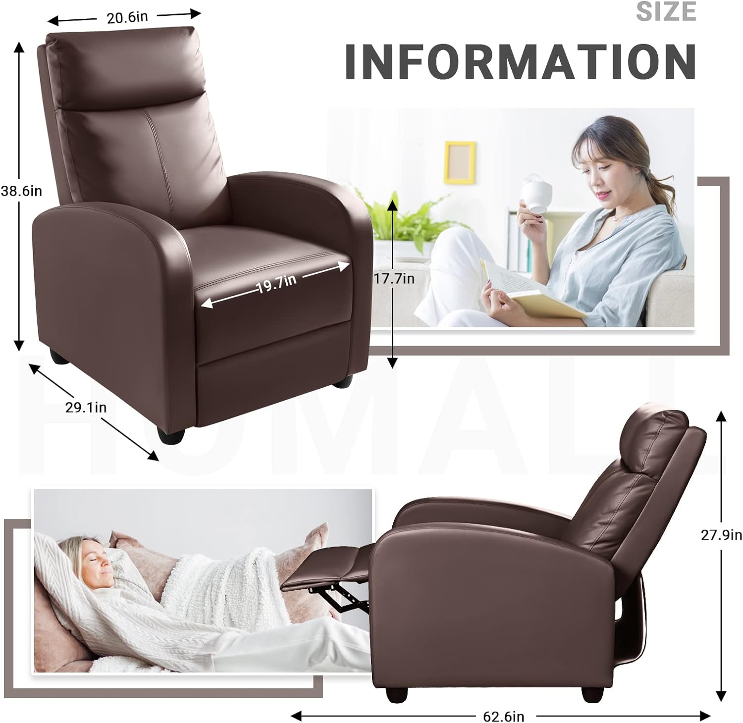 Homall Modern Recliner Chair PU Leather Padded Seat Single Sofa Home Theater