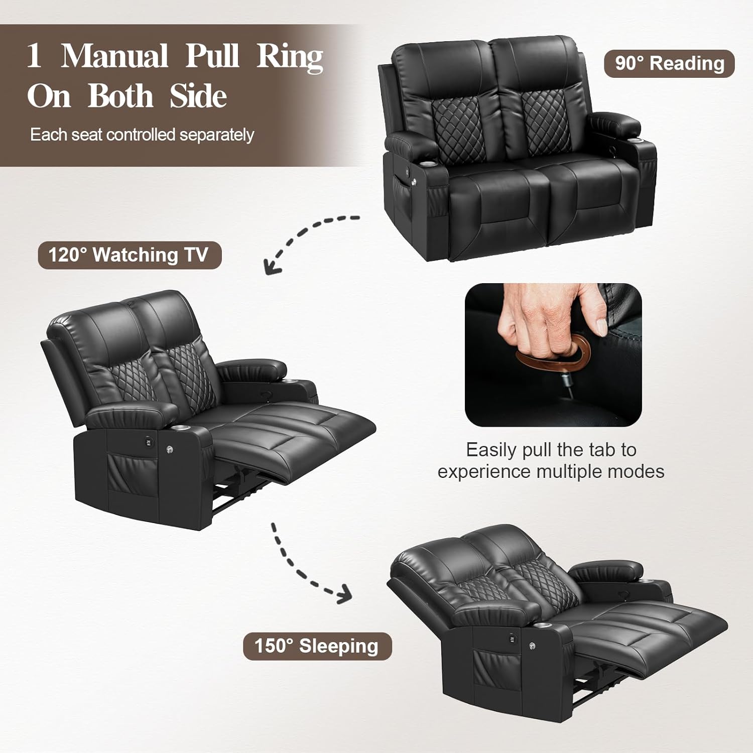 FURNIMAT 2 Seater Loveseat Recliner Sofa PU Leather with Cup Holders USB Ports