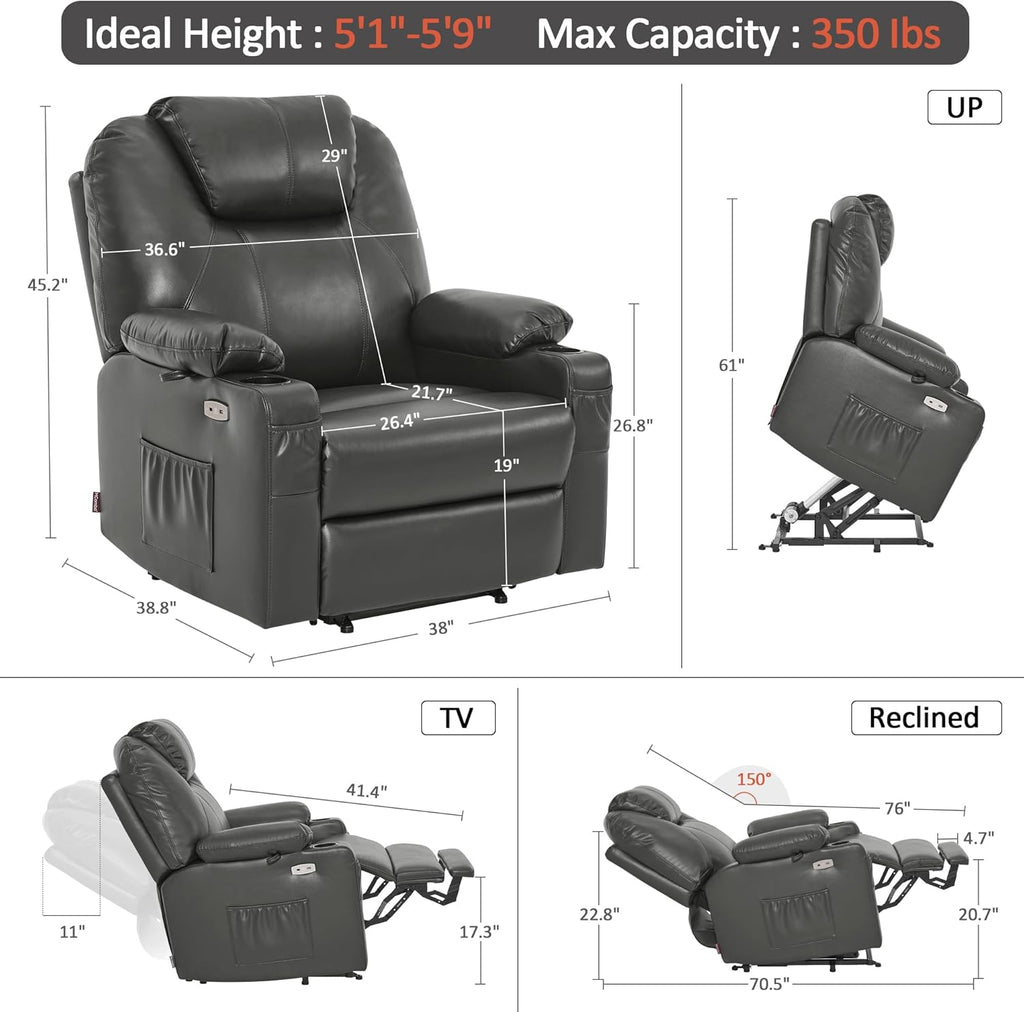 MCombo Electric Power Lift Recliner Massage Heat Chair for Elderly 3 Positions 2 Pockets USB