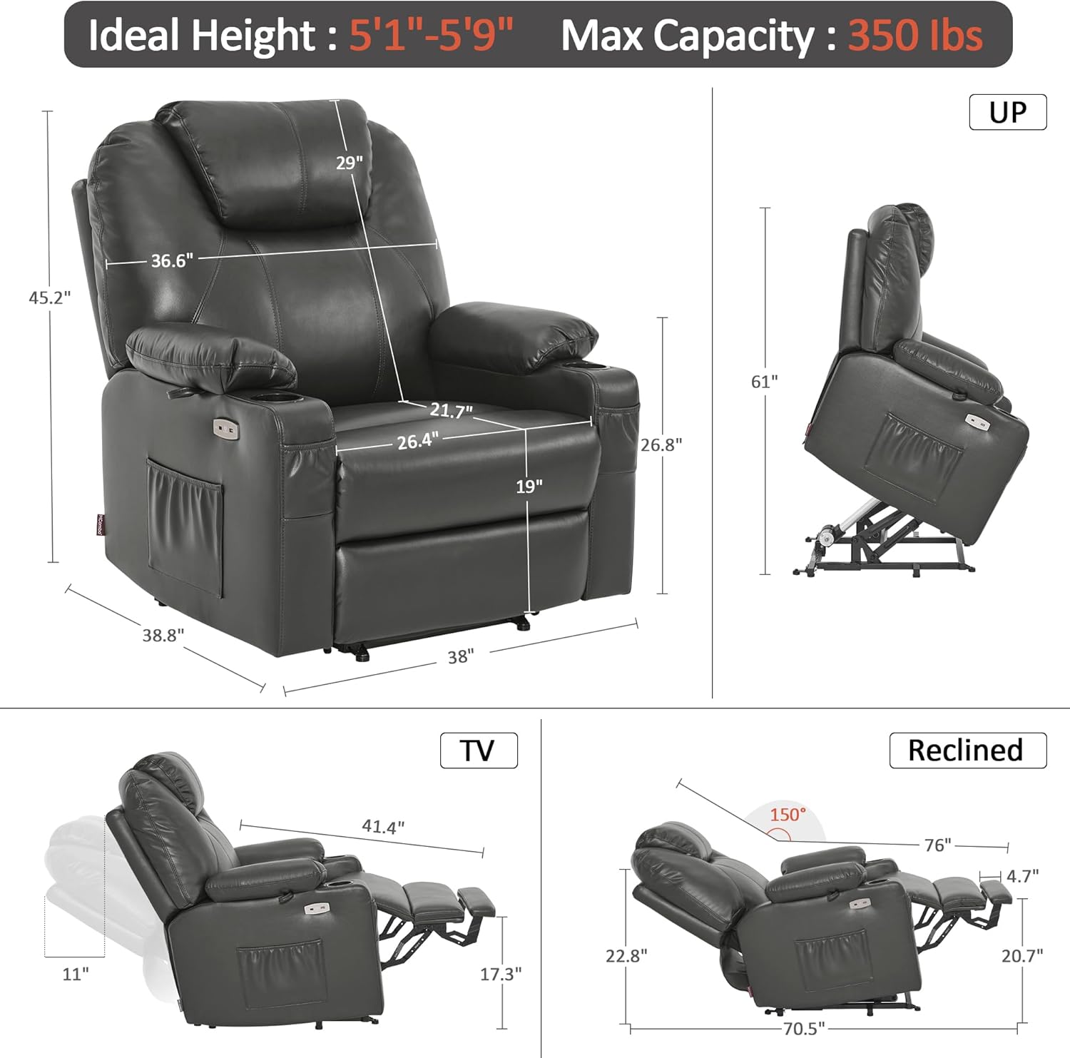 MCombo Electric Power Lift Recliner Massage Heat Chair for Elderly 3 Positions 2 Pockets USB