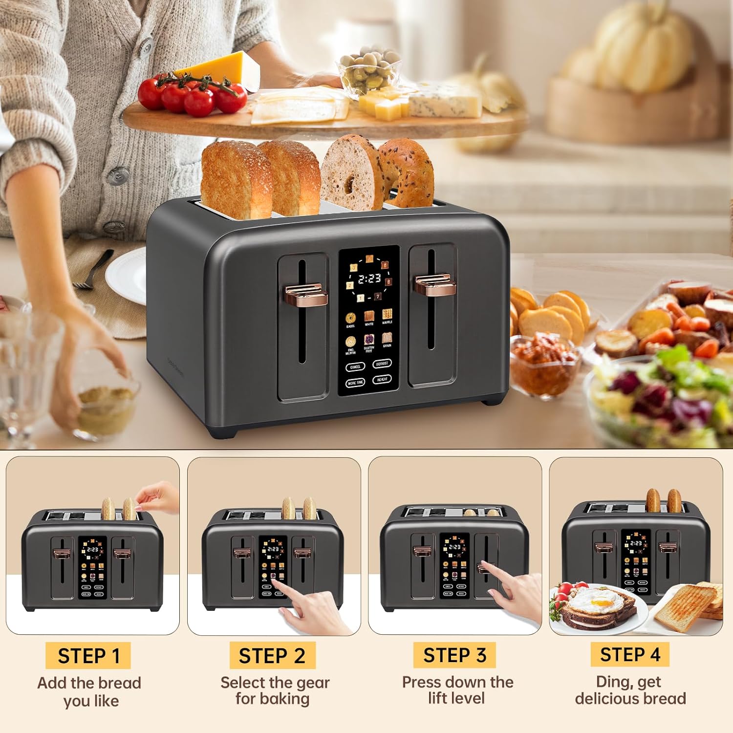 SEEDEEM 4 Slice Touch Screen Toaster LCD Display 7 Shade Settings Wide Slots 1800W