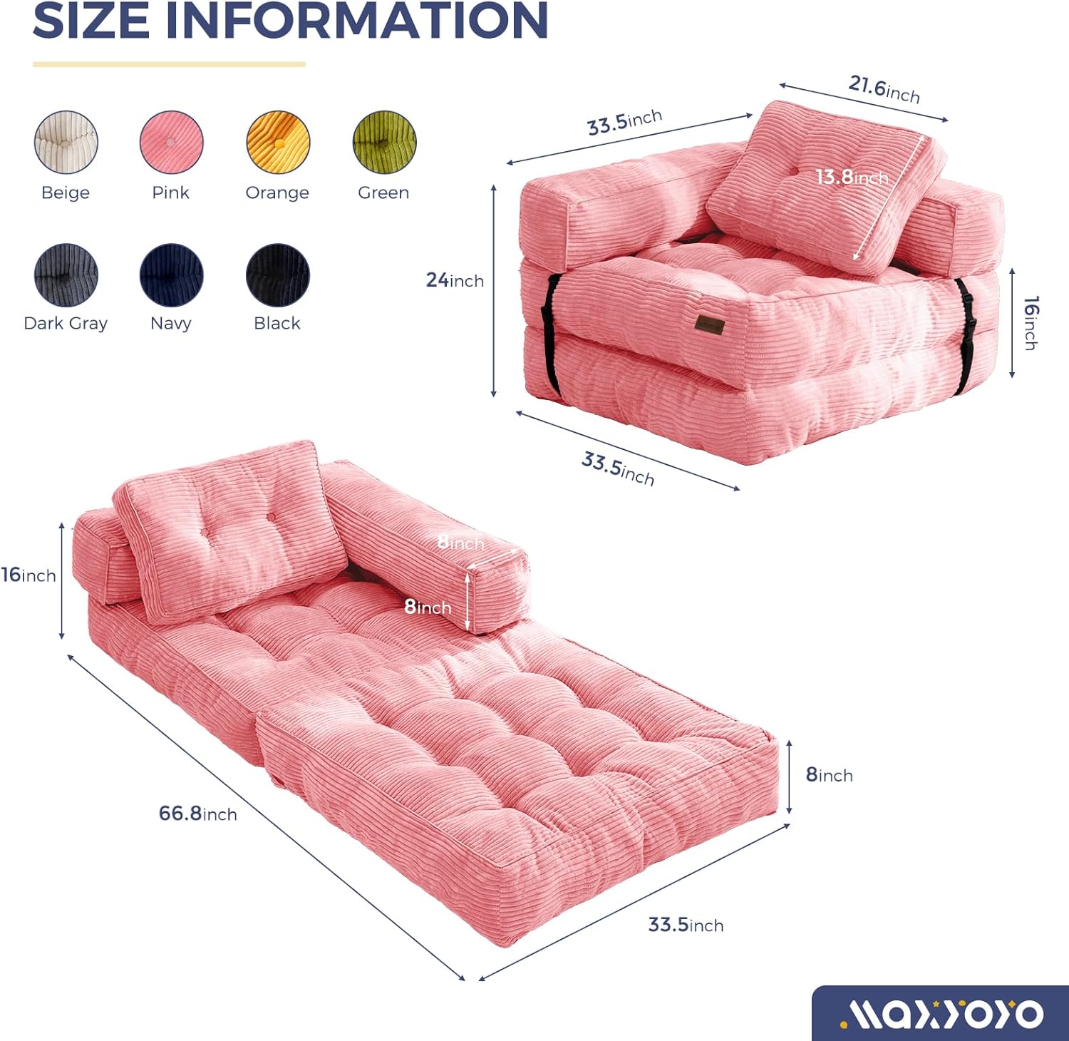 MAXYOYO L Shaped Folding Sofa Bed Convertible Sleeper with Pillow Armrest