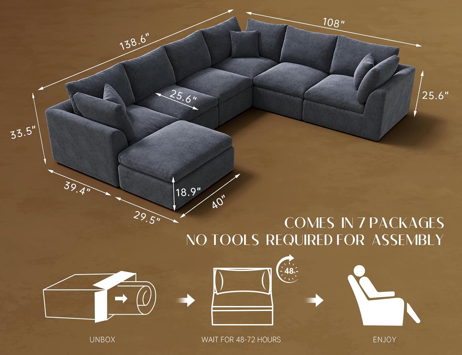 ohllob 110" Cloud Sectional Sofa L Shape Modular Couch with Ottoman 3 Seater