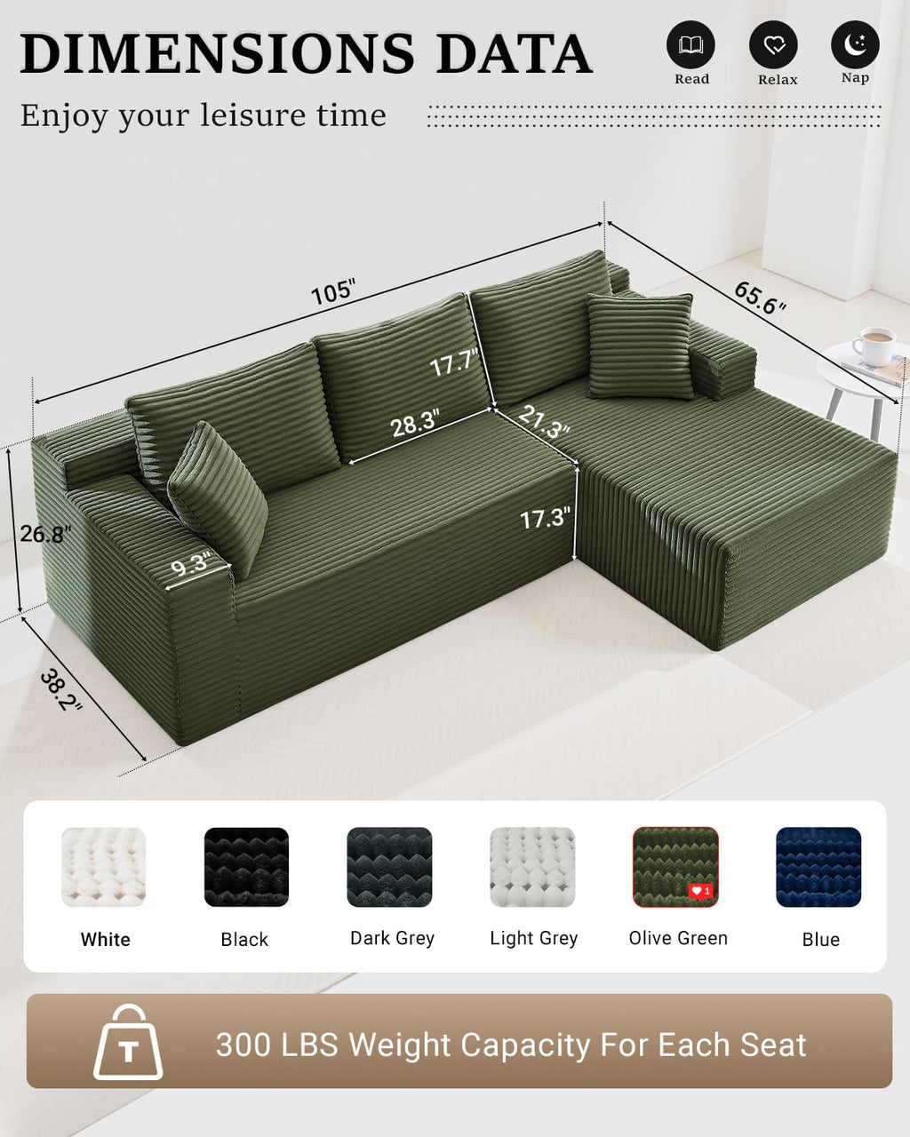 HANXIN Cloud Sectional Sofa L Shape Chaise Deep Seat Modular Living Room Couch