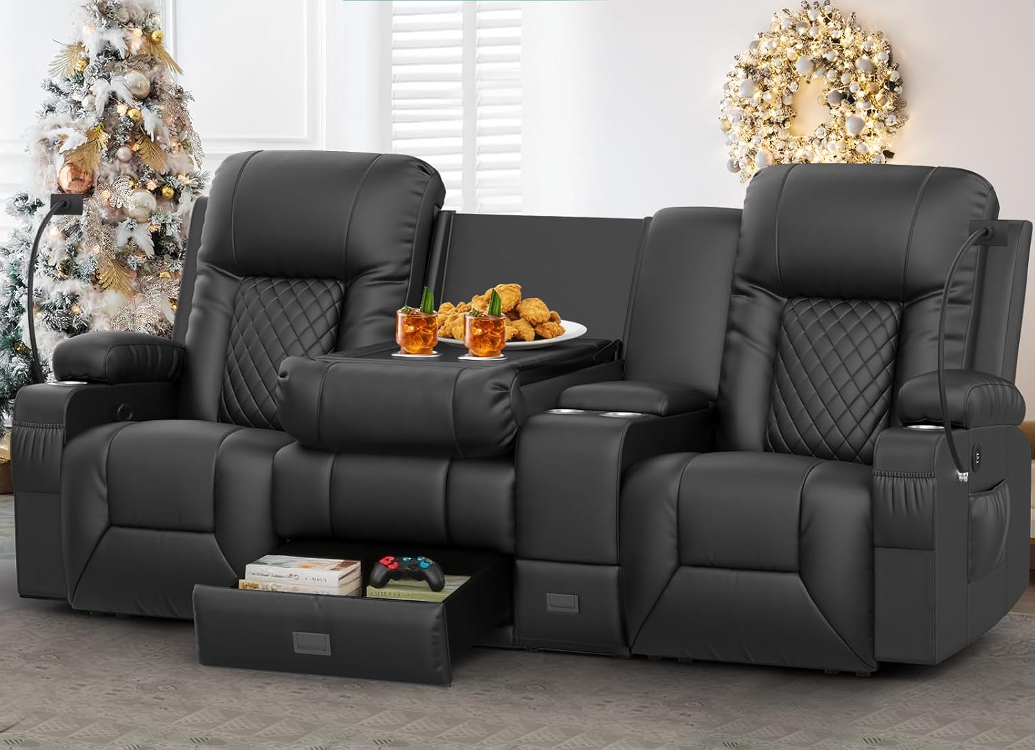 YONISEE 3 Seat Recliner Sofa Large Manual Reclining Couch with Storage Console