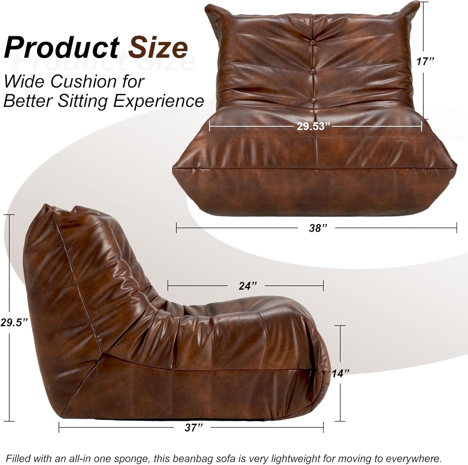 Hobestluk Giant Bean Bag Chair Memory Foam Faux Leather Floor Sofa for Adults