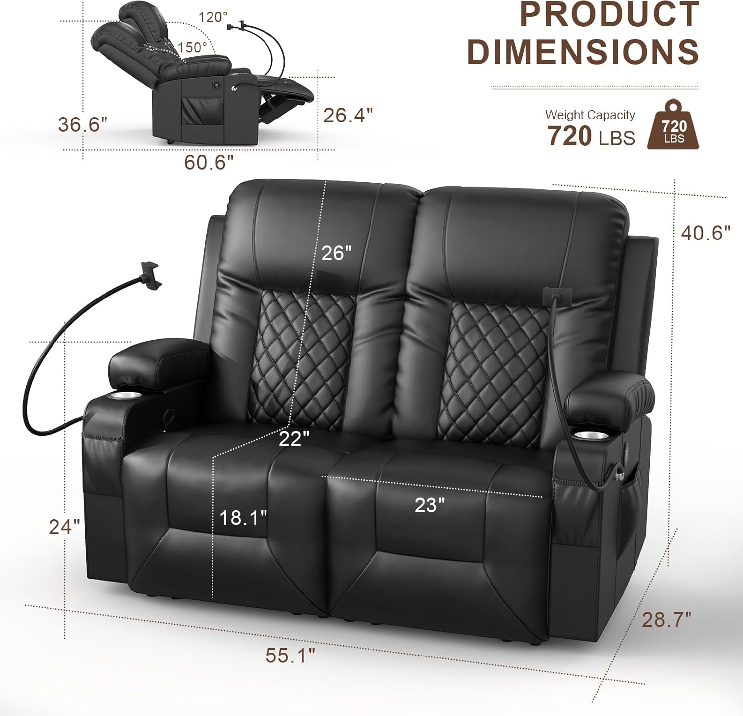 FURNIMAT Loveseat Recliner Sofa 2 Seater PU Leather Couch with USB Cup Holders