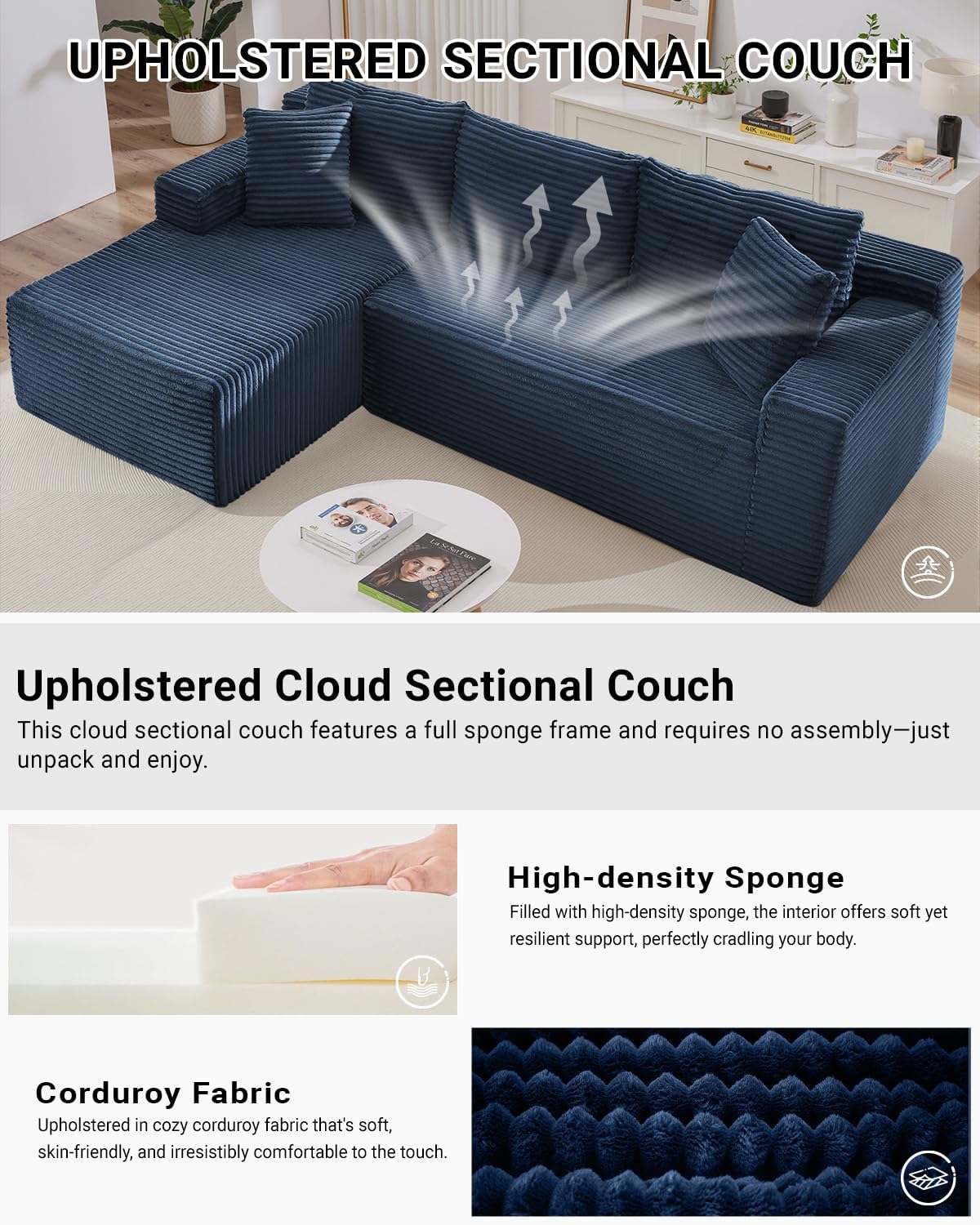 HANXIN Cloud Sectional Sofa L Shape Chaise Deep Seat Modular Living Room Couch