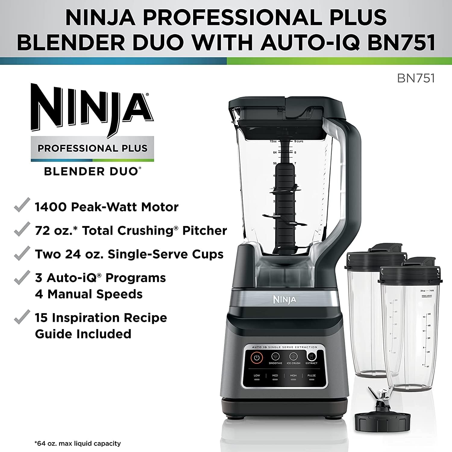Ninja Blender 1400W High Power Smoothie Maker with 72oz Pitcher Dark Grey