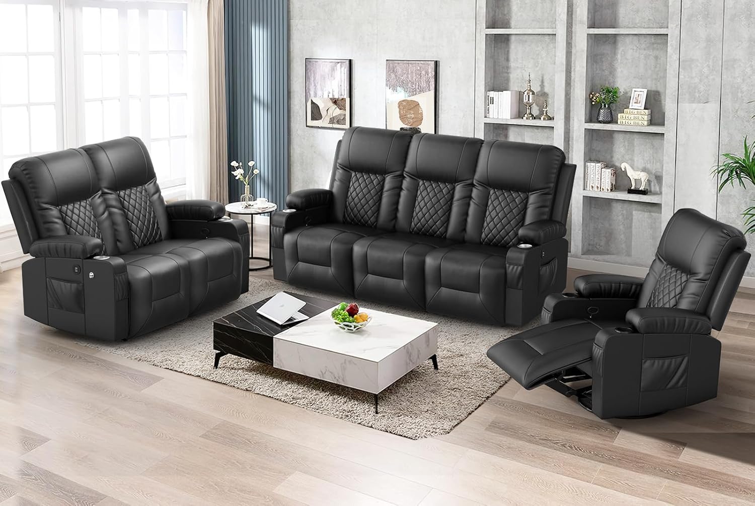 FURNIMAT Loveseat Recliner Sofa 2 Seater PU Leather Couch with USB Cup Holders