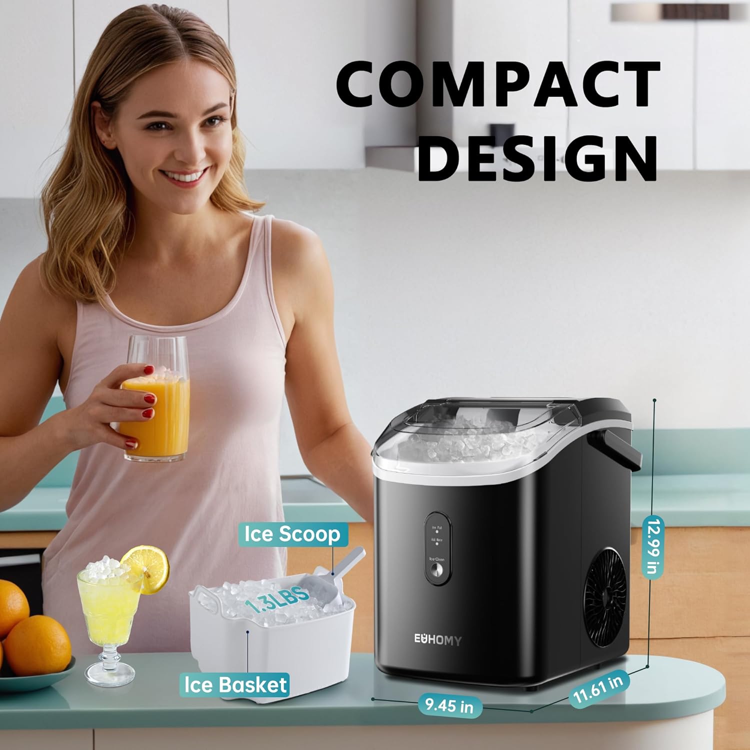 EUHOMY Nugget Ice Maker Countertop Portable 34lbs Daily with Handle