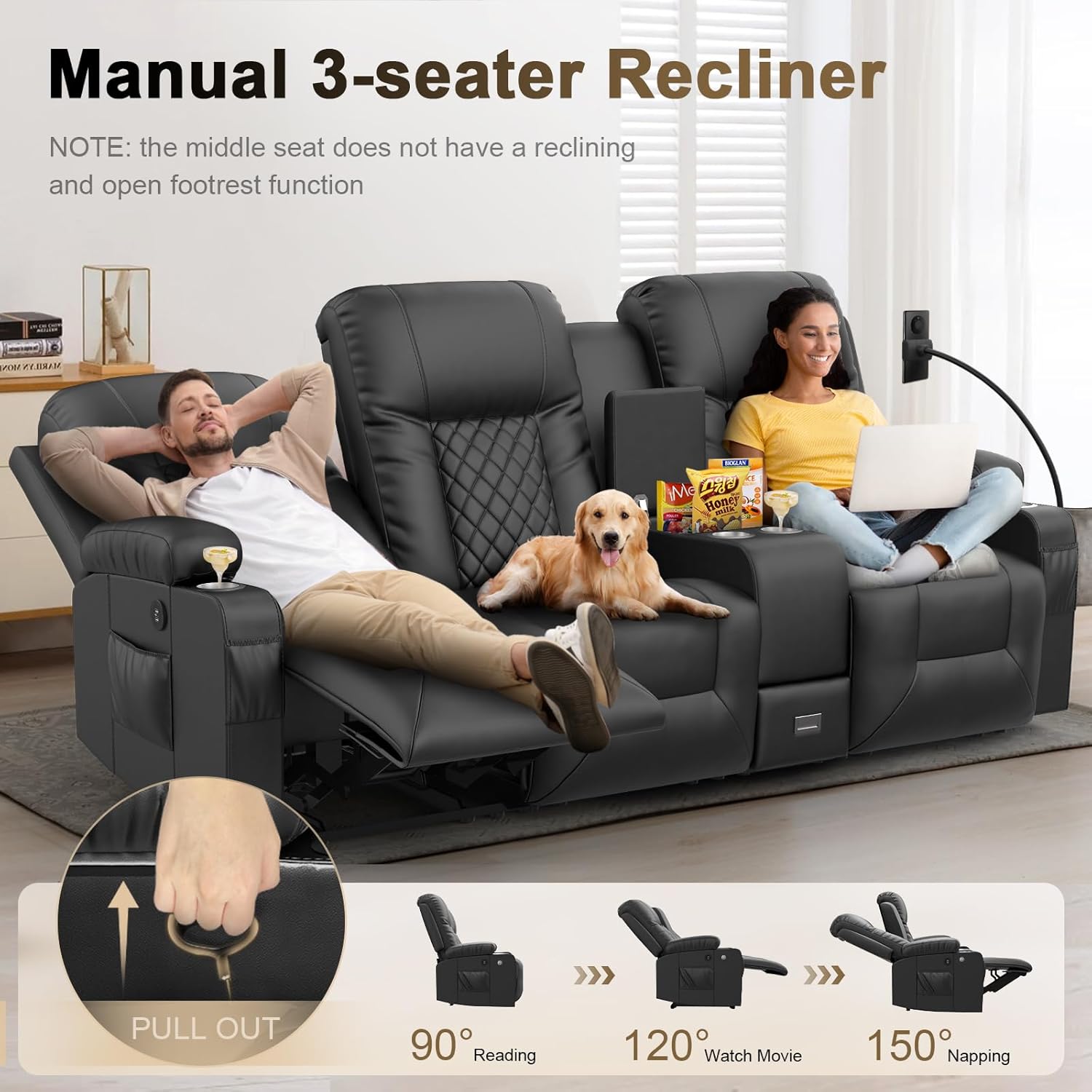 YONISEE 3 Seat Recliner Sofa Large Manual Reclining Couch with Storage Console