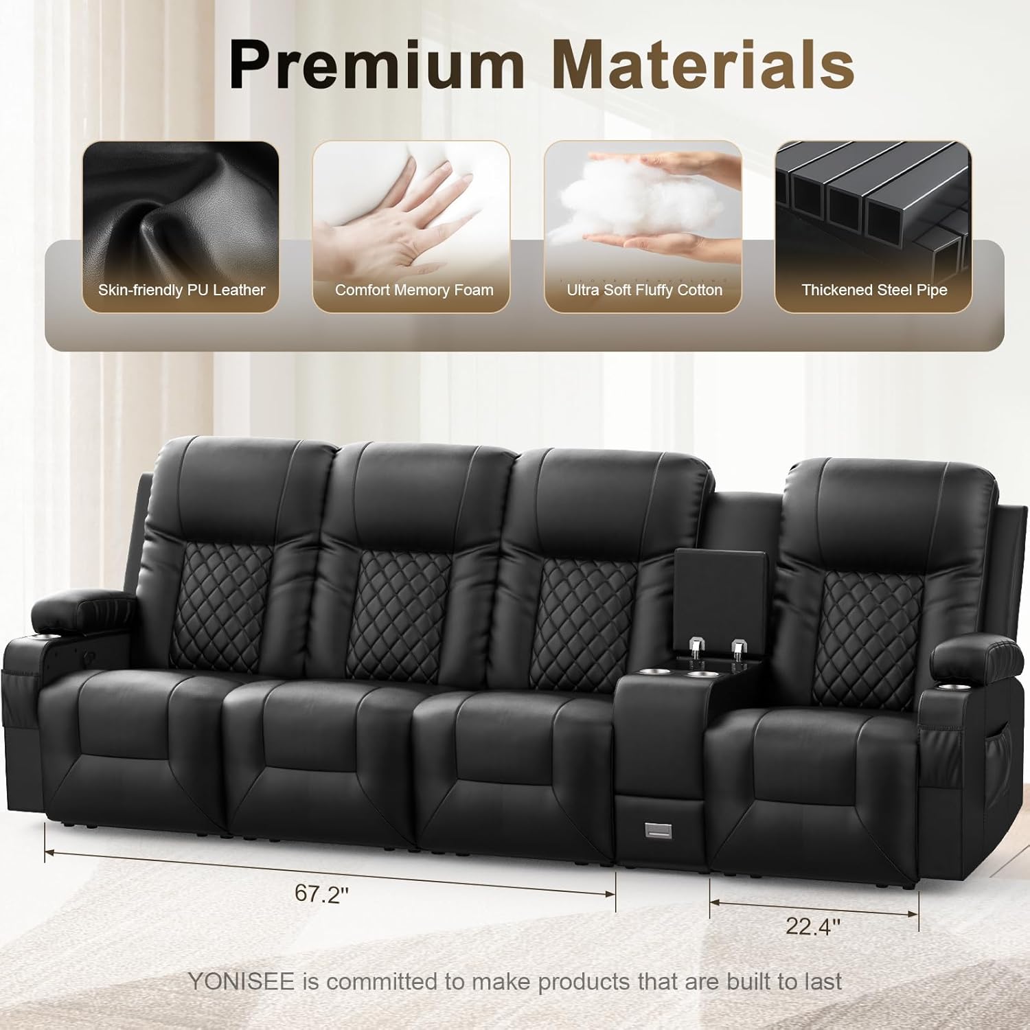YONISEE 3 Seat Recliner Sofa Large Manual Reclining Couch with Storage Console