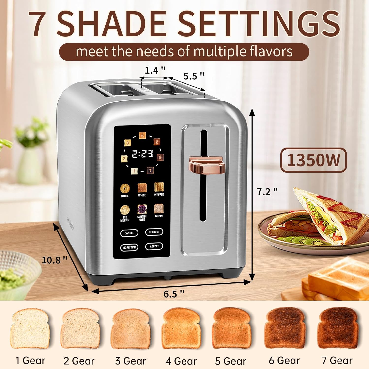 SEEDEEM 4 Slice Touch Screen Toaster LCD Display 7 Shade Settings Wide Slots 1800W