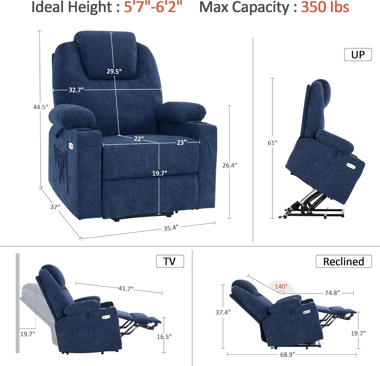 MCombo Power Lift Recliner Chair for Elderly with Heat Massage USB Cup Holders