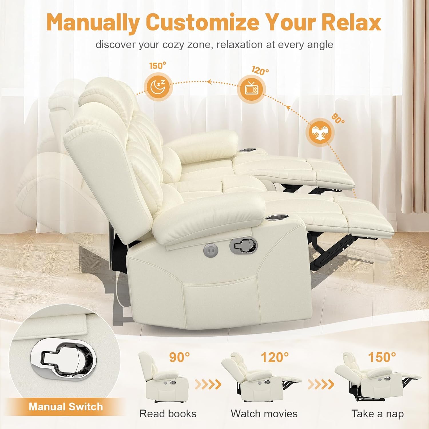 Dresegmt Loveseat Recliner Sofa 3 Seat Flip Backrest with Storage USB Cup Holders