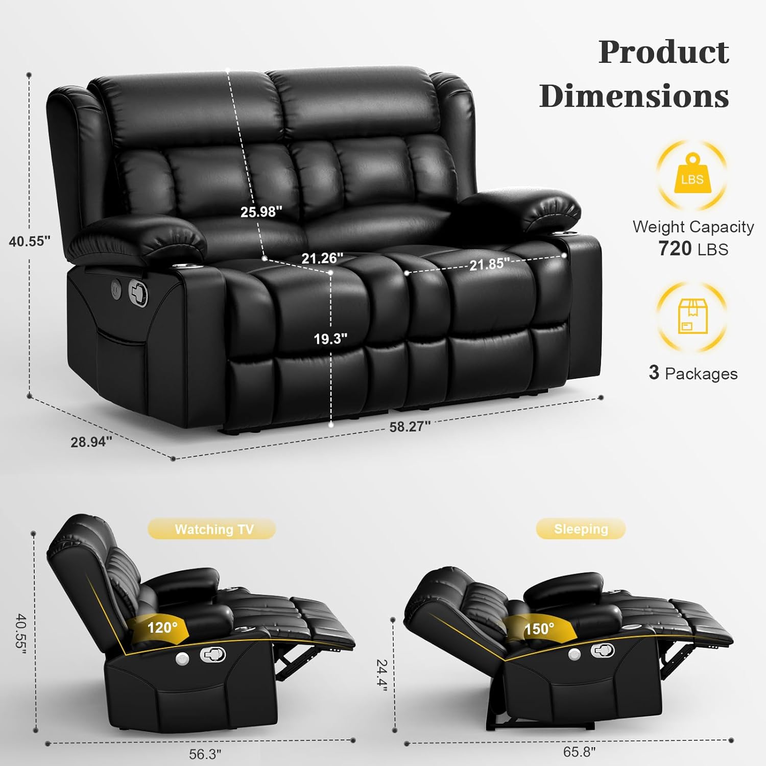 FURNIMAT Loveseat Recliner Sofa 2 Seater PU Leather Couch with USB Cup Holders