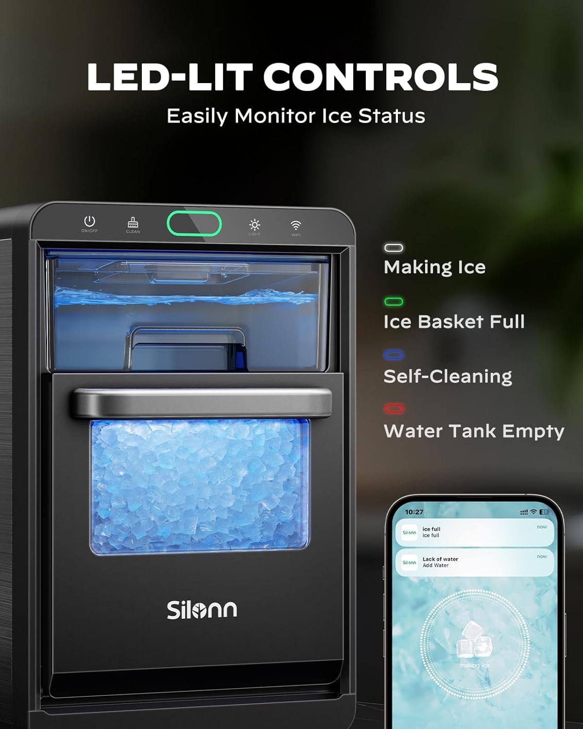 Silonn Nugget Ice Maker Countertop 44lbs Daily Stainless Steel Ice Machine
