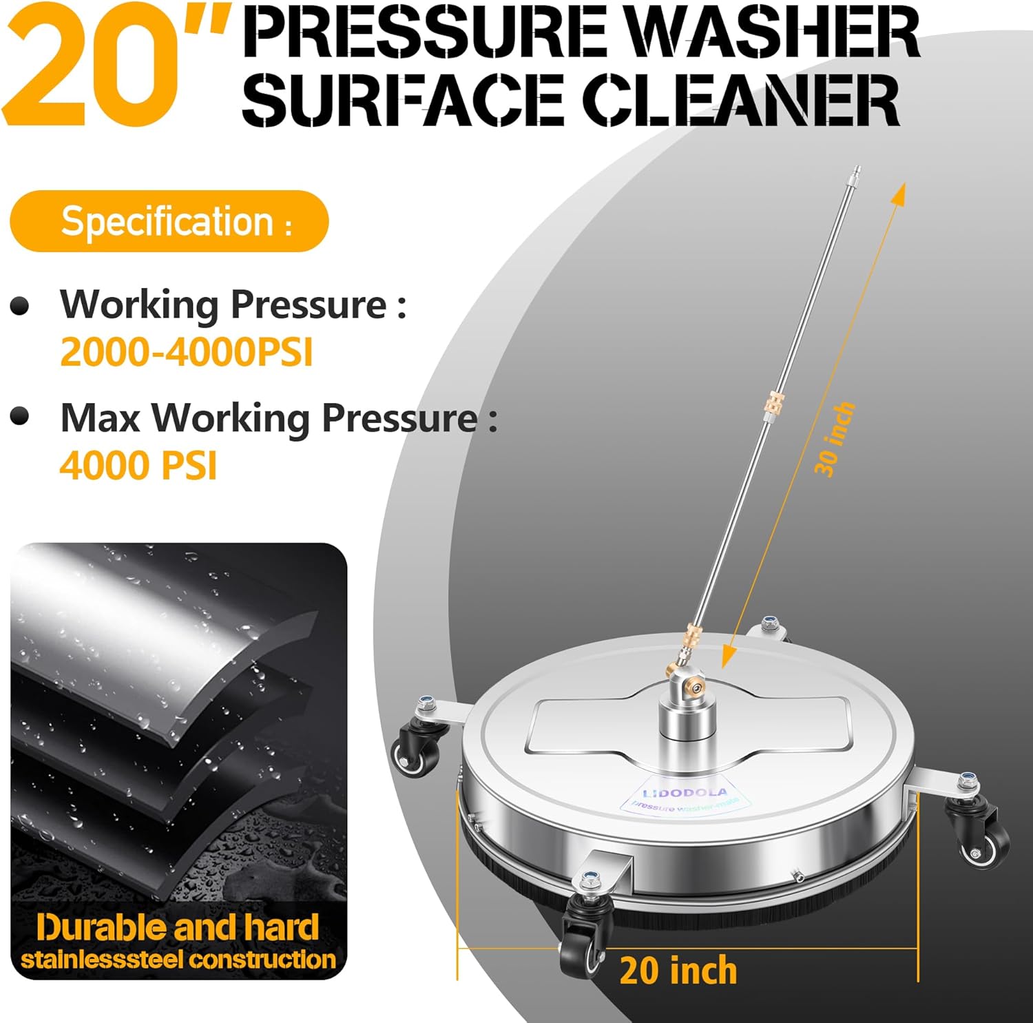 LidoDola 14 Inch Pressure Washer Surface Cleaner with Wheels for Concrete Patio Deck