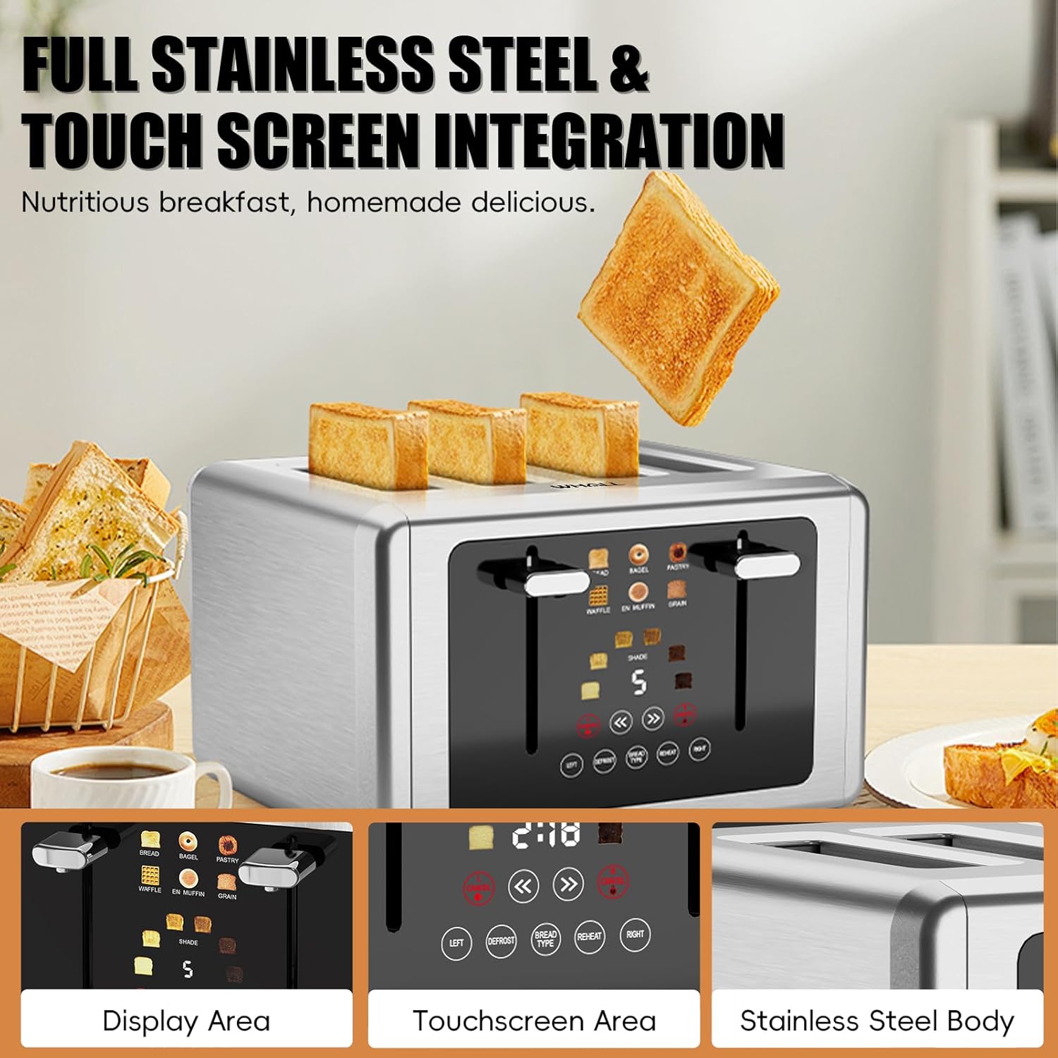 whall Digital Touch Screen Toaster 4 Slice Stainless Steel Dual Control Wide Slots