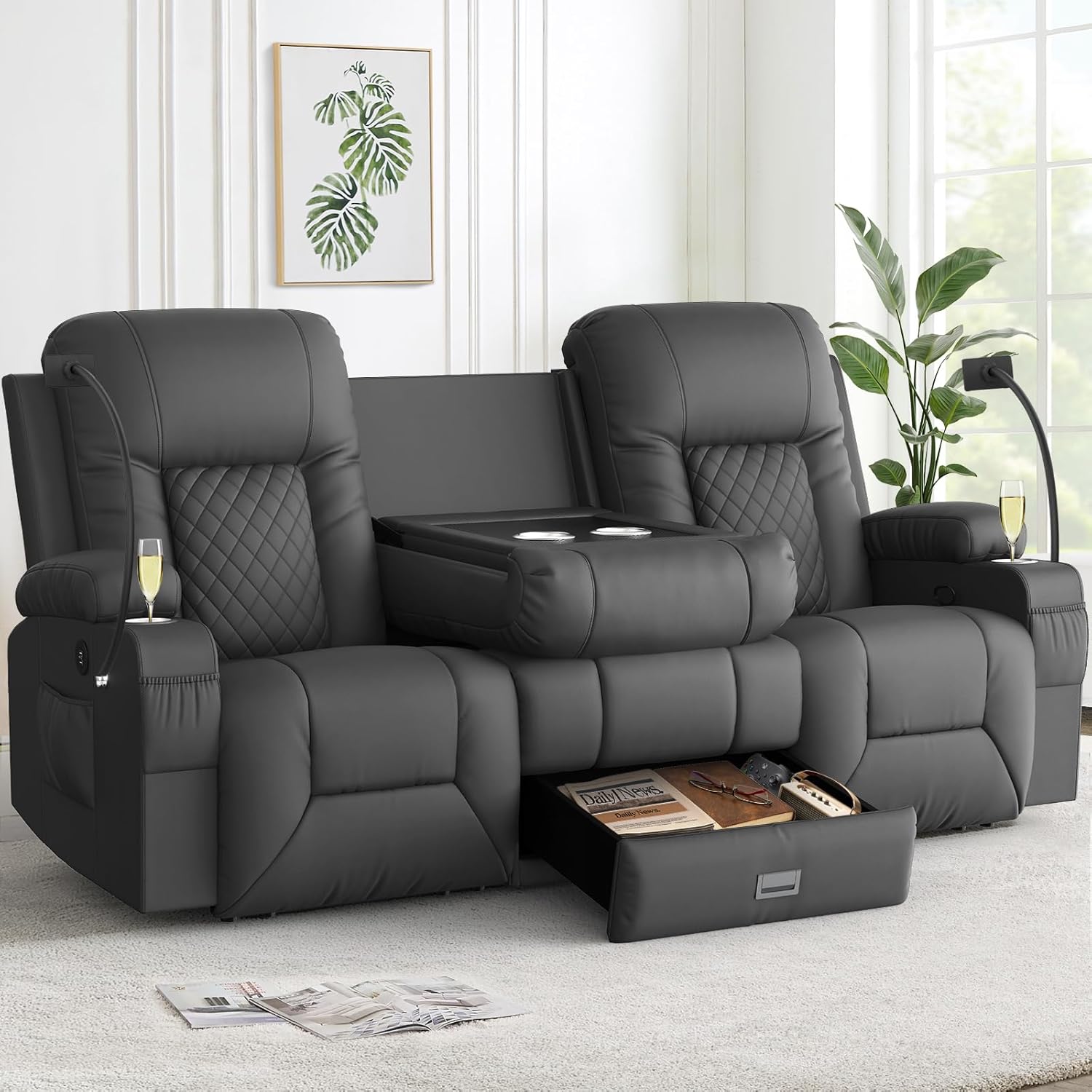 FURNIMAT Loveseat Recliner Sofa 2 Seater PU Leather Couch with USB Cup Holders