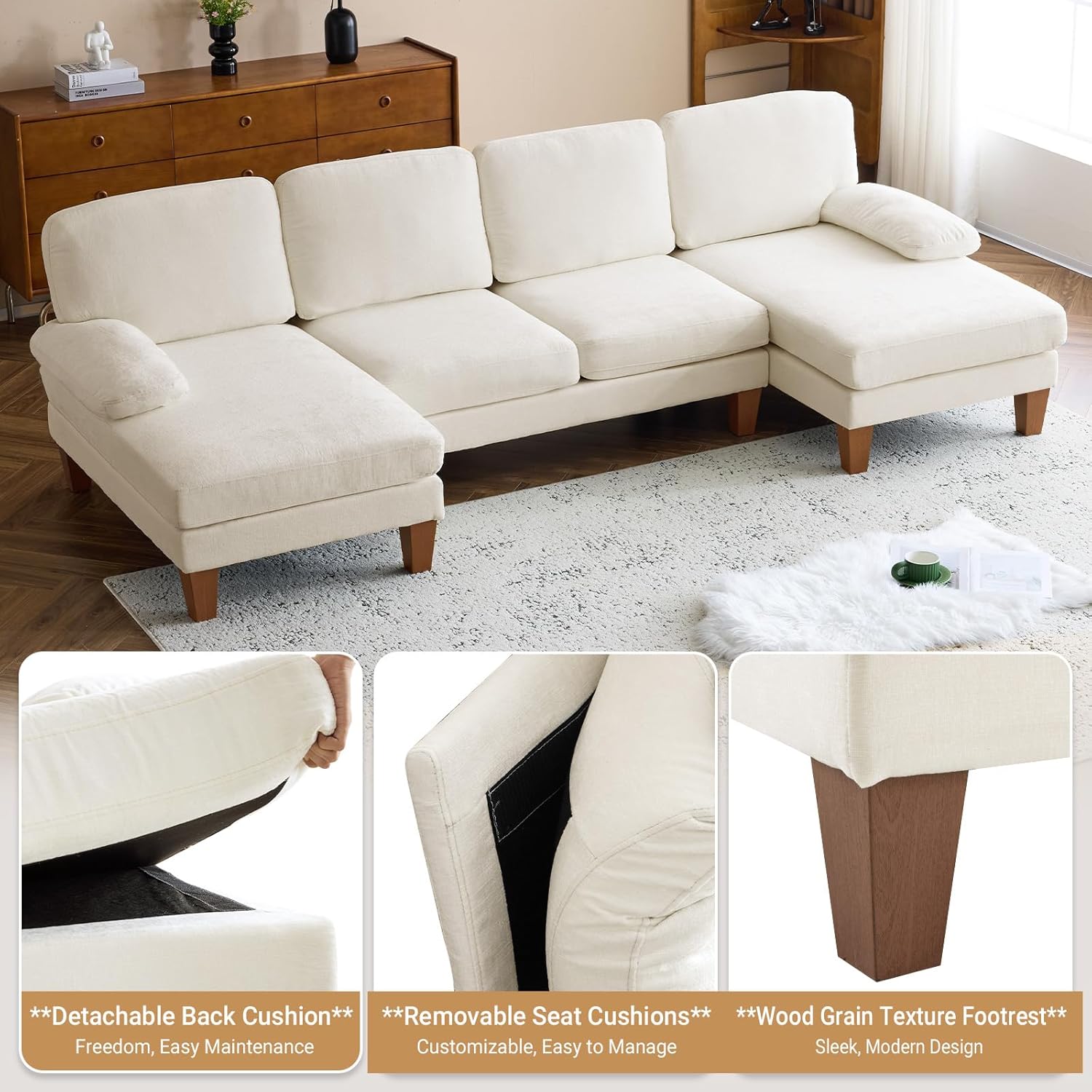 VINGLI 110 Sectional Couch U Shaped Sofa Set with Double Chaise Chenille Fabric