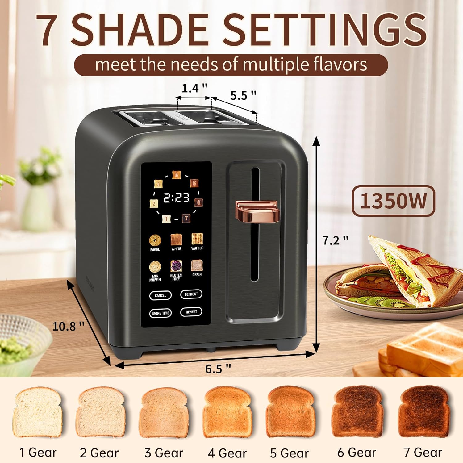 SEEDEEM 4 Slice Touch Screen Toaster LCD Display 7 Shade Settings Wide Slots 1800W