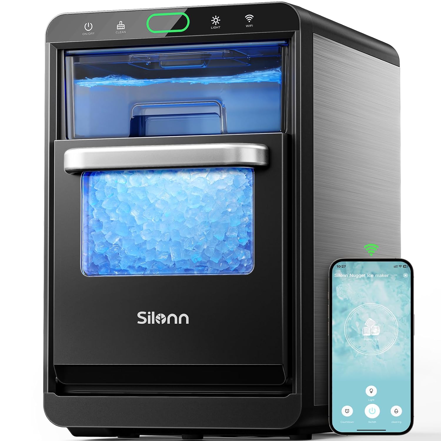 Silonn Nugget Ice Maker Countertop 44lbs Daily Stainless Steel Ice Machine