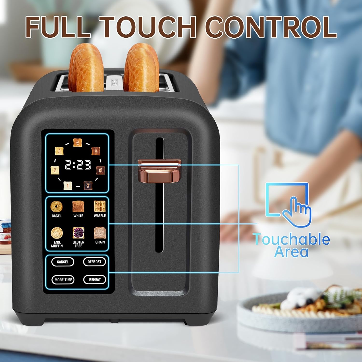 SEEDEEM 4 Slice Touch Screen Toaster LCD Display 7 Shade Settings Wide Slots 1800W
