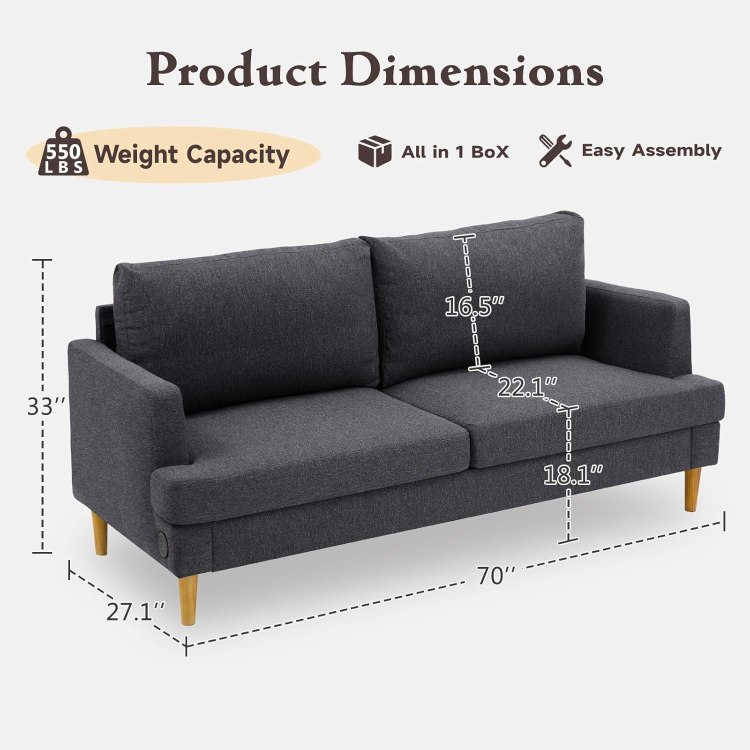 Loveseat Sofa Couch USB Ports 2 Seater Deep Seating Small Couch