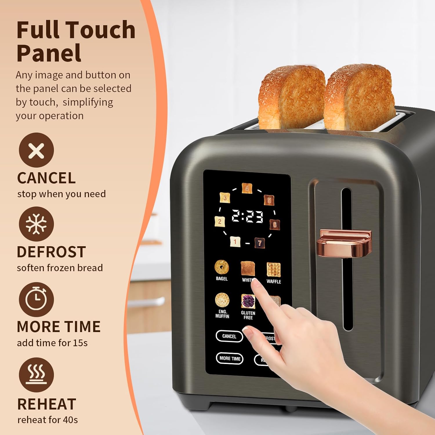 SEEDEEM 4 Slice Touch Screen Toaster LCD Display 7 Shade Settings Wide Slots 1800W