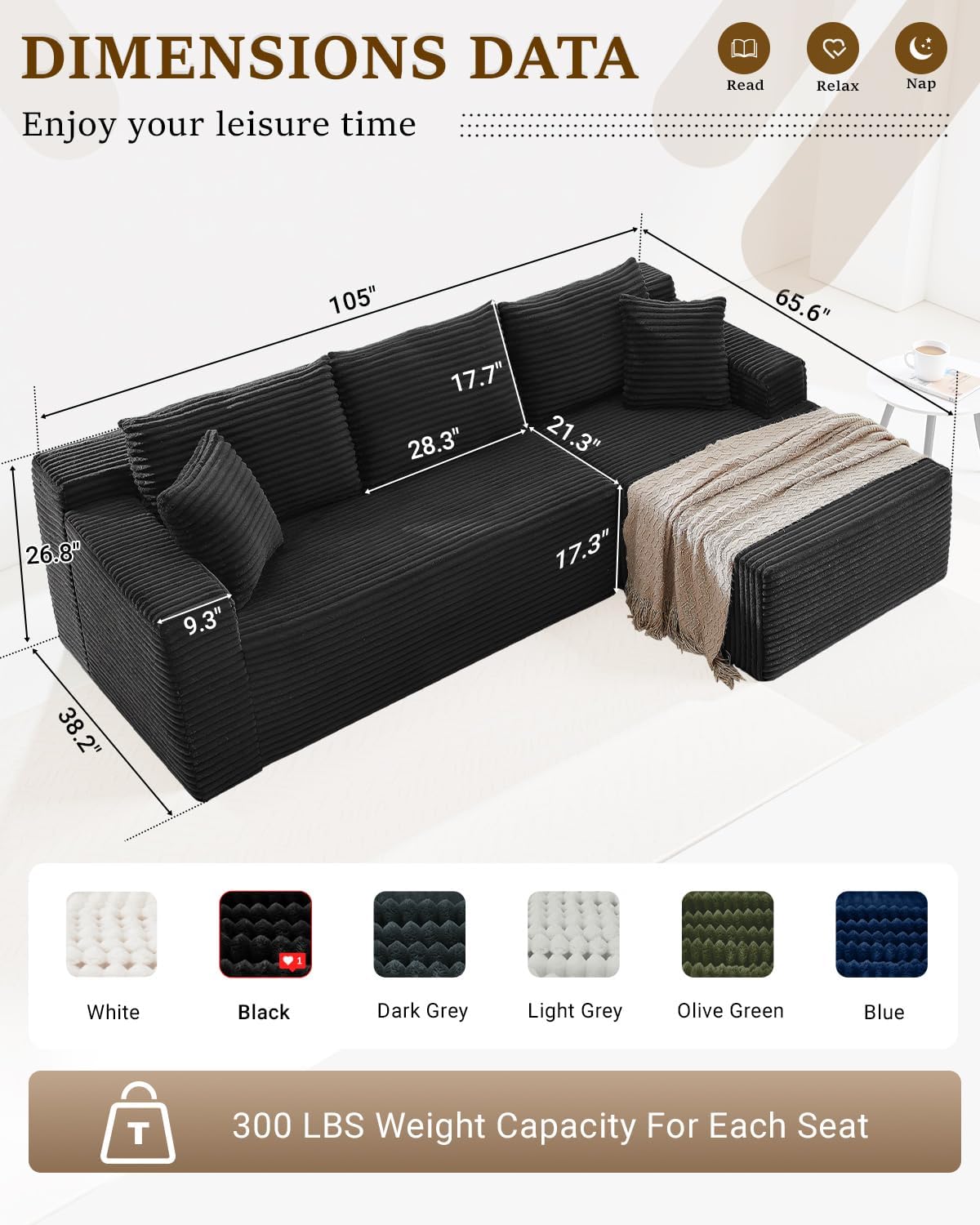 HANXIN Cloud Sectional Sofa L Shape Chaise Deep Seat Modular Living Room Couch