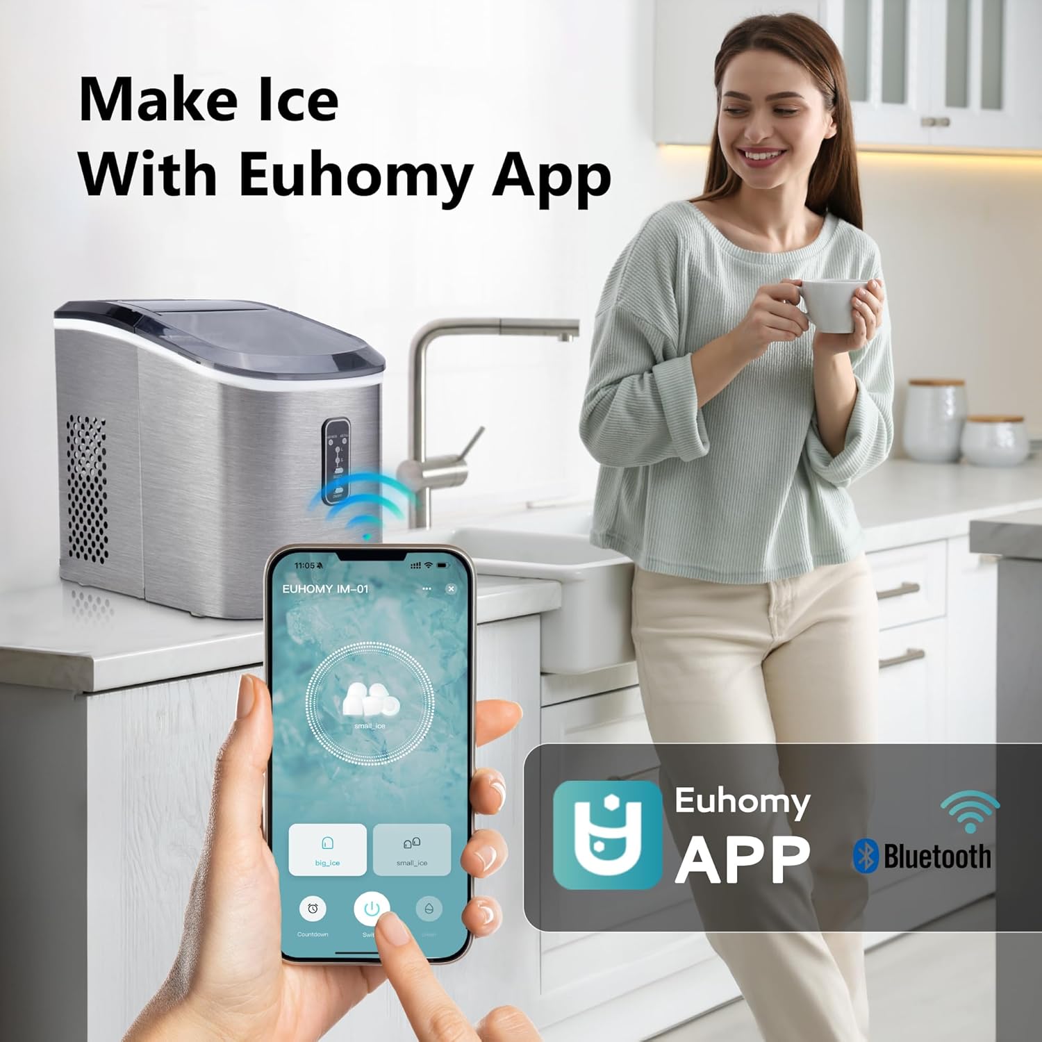EUHOMY Nugget Ice Maker Countertop Portable 34lbs Daily with Handle